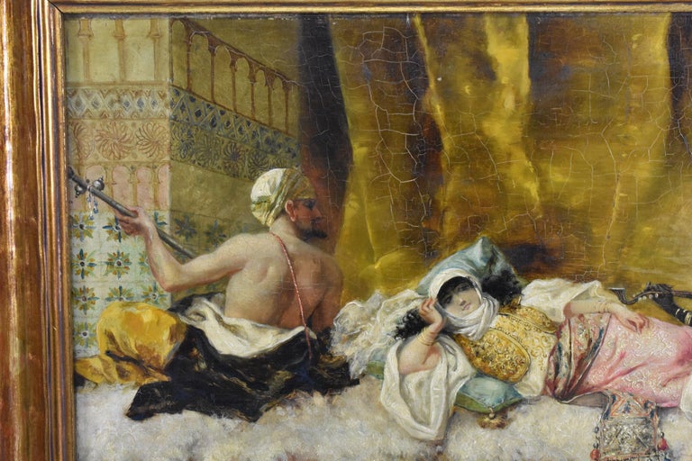 19th Century Antonio Rivas Oil Painting on Board, 2 Musician's Serenading a Reclining Woman For Sale