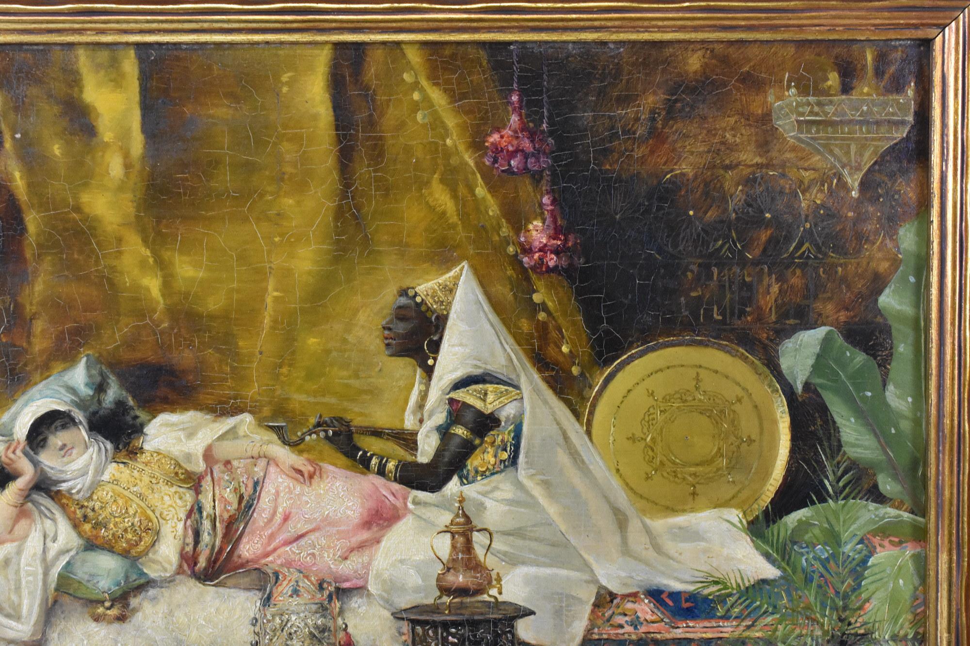 Painted Antonio Rivas Oil Painting on Board, 2 Musician's Serenading a Reclining Woman For Sale