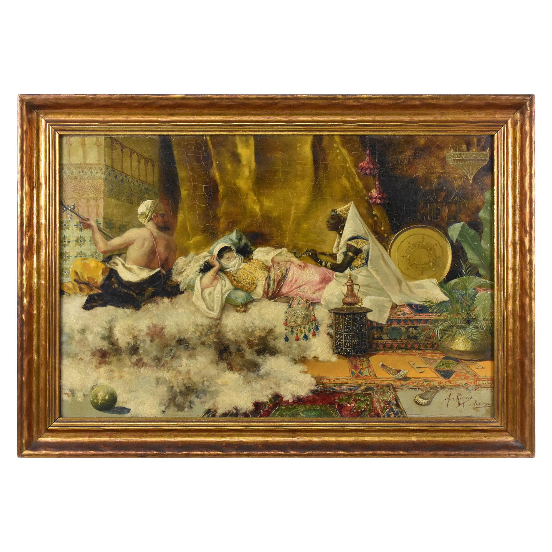 Peinture à l'huile sur panneau d'Antonio Rivas, « 2 Musician's Serenading a Reclining Woman » (La Serenade d'un musicien)