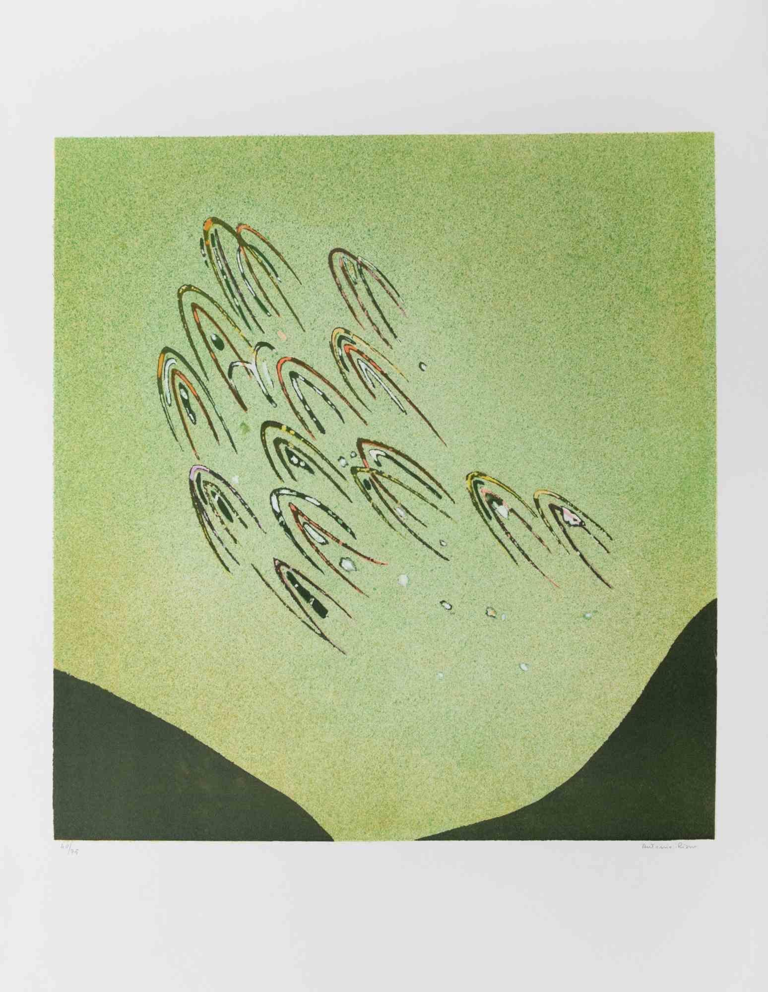 Abstract Print Antonio Rizzo - Figures en vol - Lithographie de A. Rizzo, 1970 environ