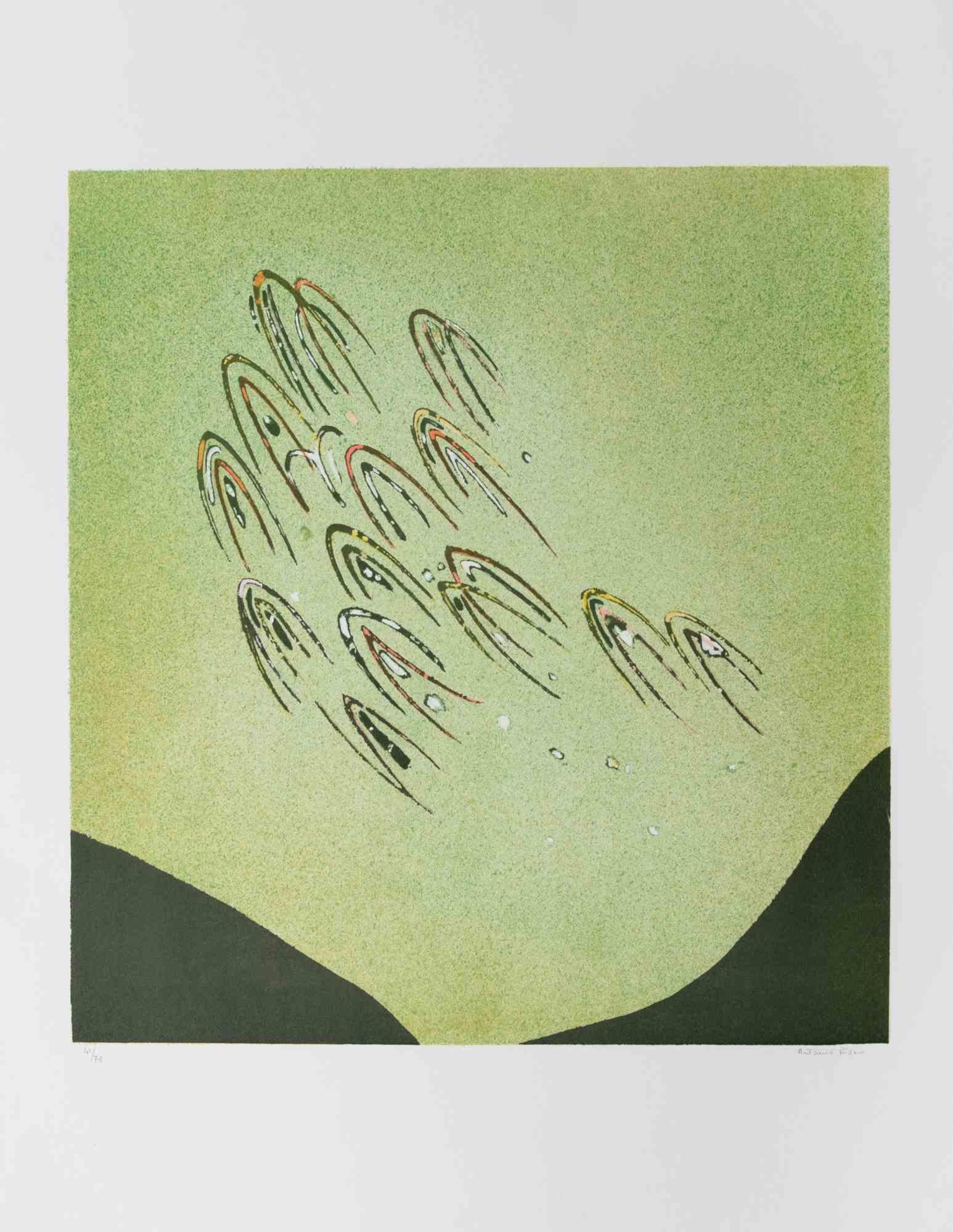 Abstract Print Antonio Rizzo - Figures en vol - Lithographie de A. Rizzo, 1970 environ