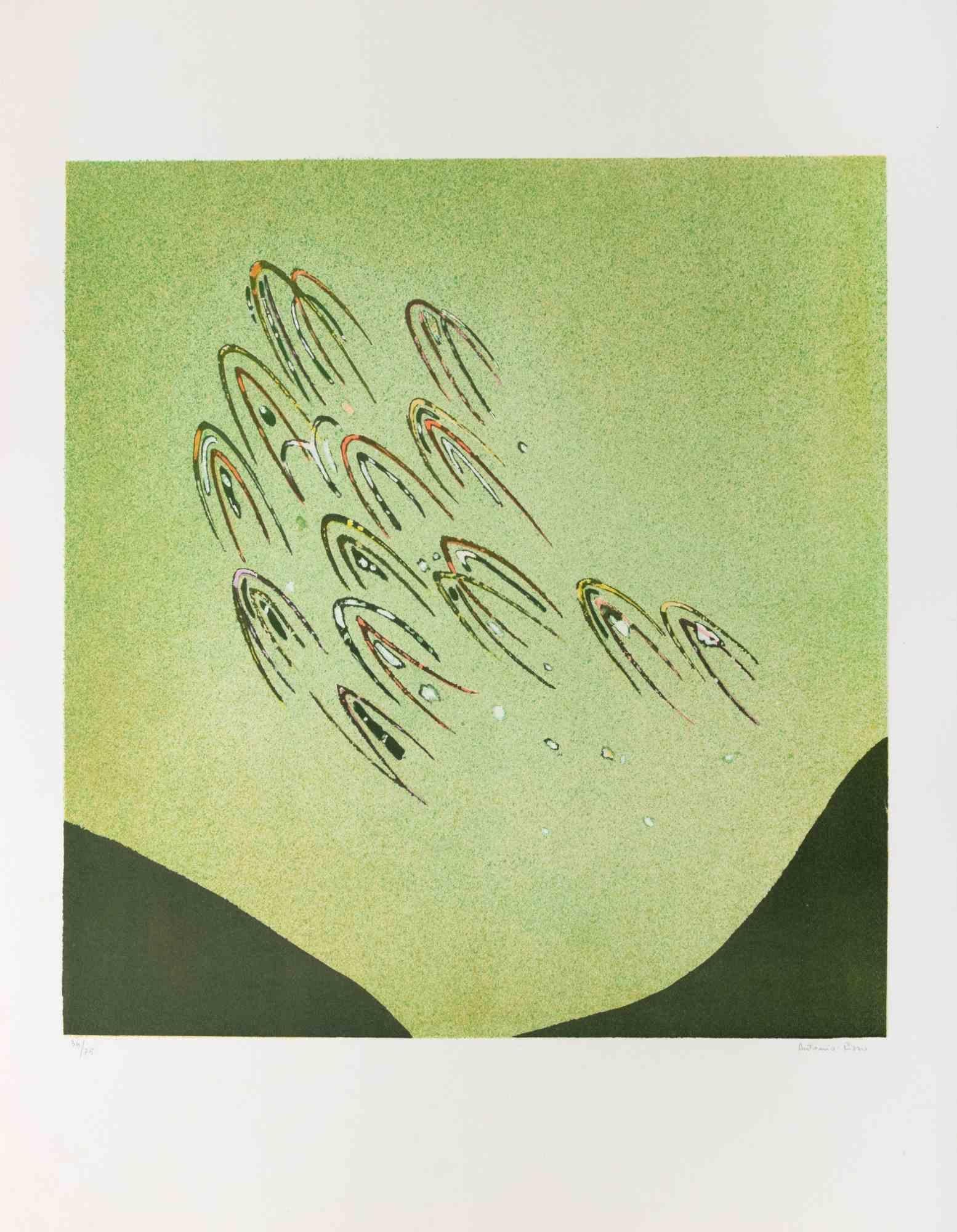 Abstract Print de Antonio Rizzo - Figuras en vuelo - Litografía de A. Rizzo - 1970 ca.