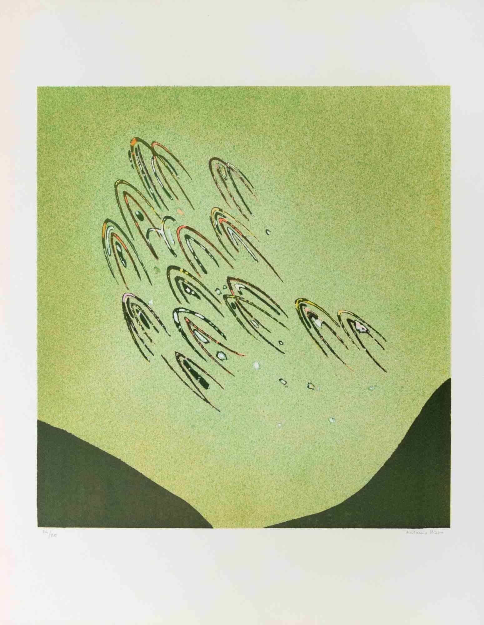 Abstract Print di Antonio Rizzo - Figure in volo - Litografia di A. Rizzo - 1970 ca.