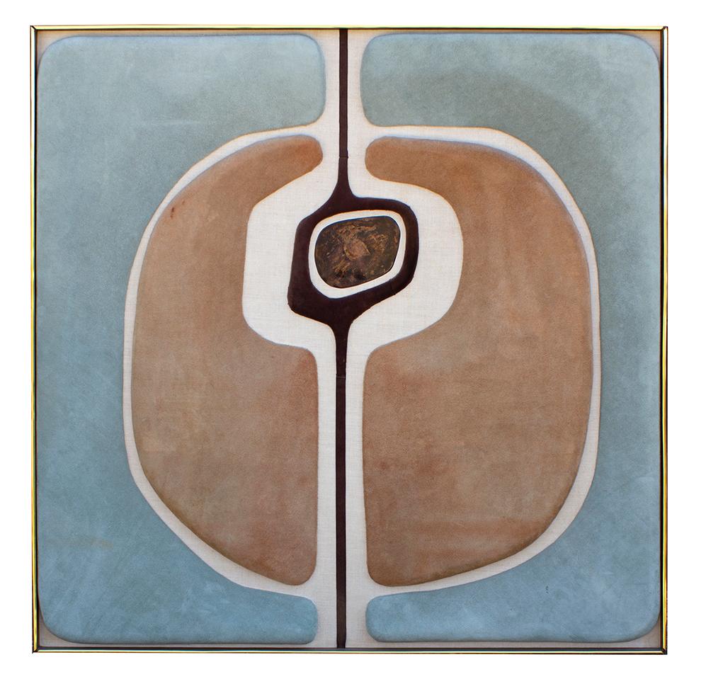Low relief framed wall sculpture composition in suede on a linen background with an acid etched piece of bronze in the center by Mexican Artist Antonio Roca. Titled Cooperative. Signed on the reverse in marker and also retaining the original brass