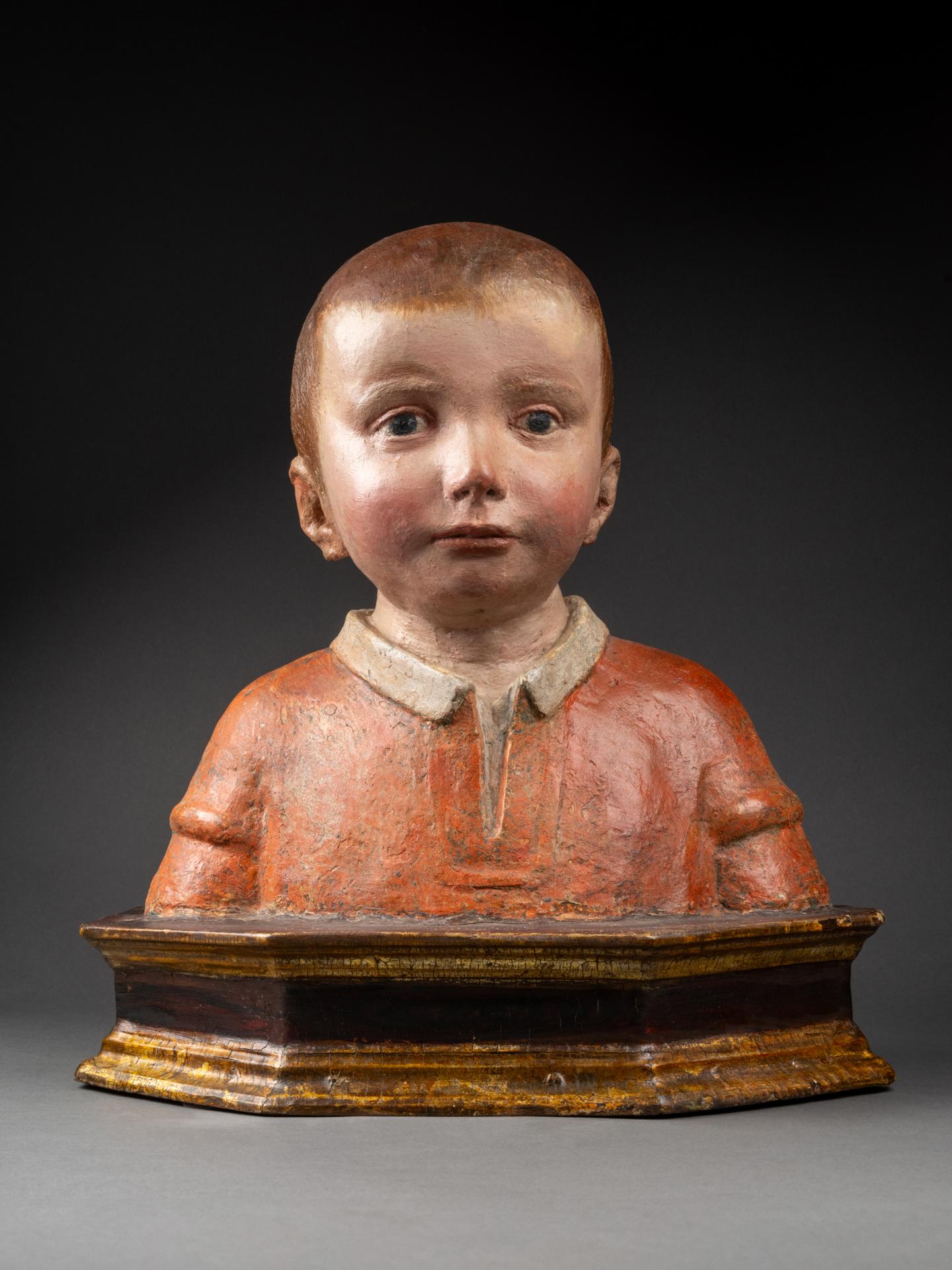Polychromed Antonio Rossellino (Settignano 1427 - Firenze 1479) - Bust of a young boy For Sale