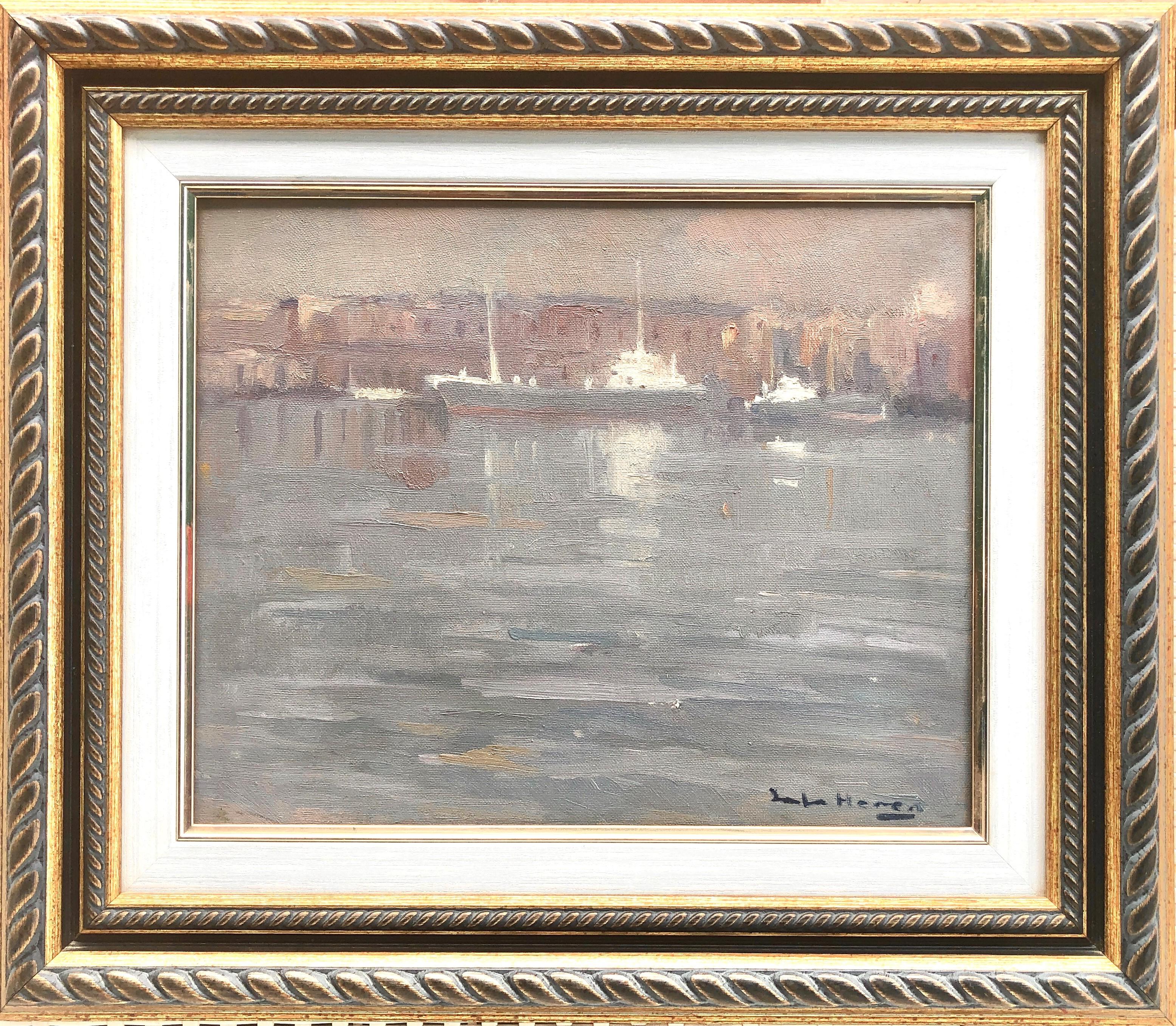 Gray day seaport of Barcelona Spain oil on canvas painting seascape - Painting by Antonio Sala Herrero
