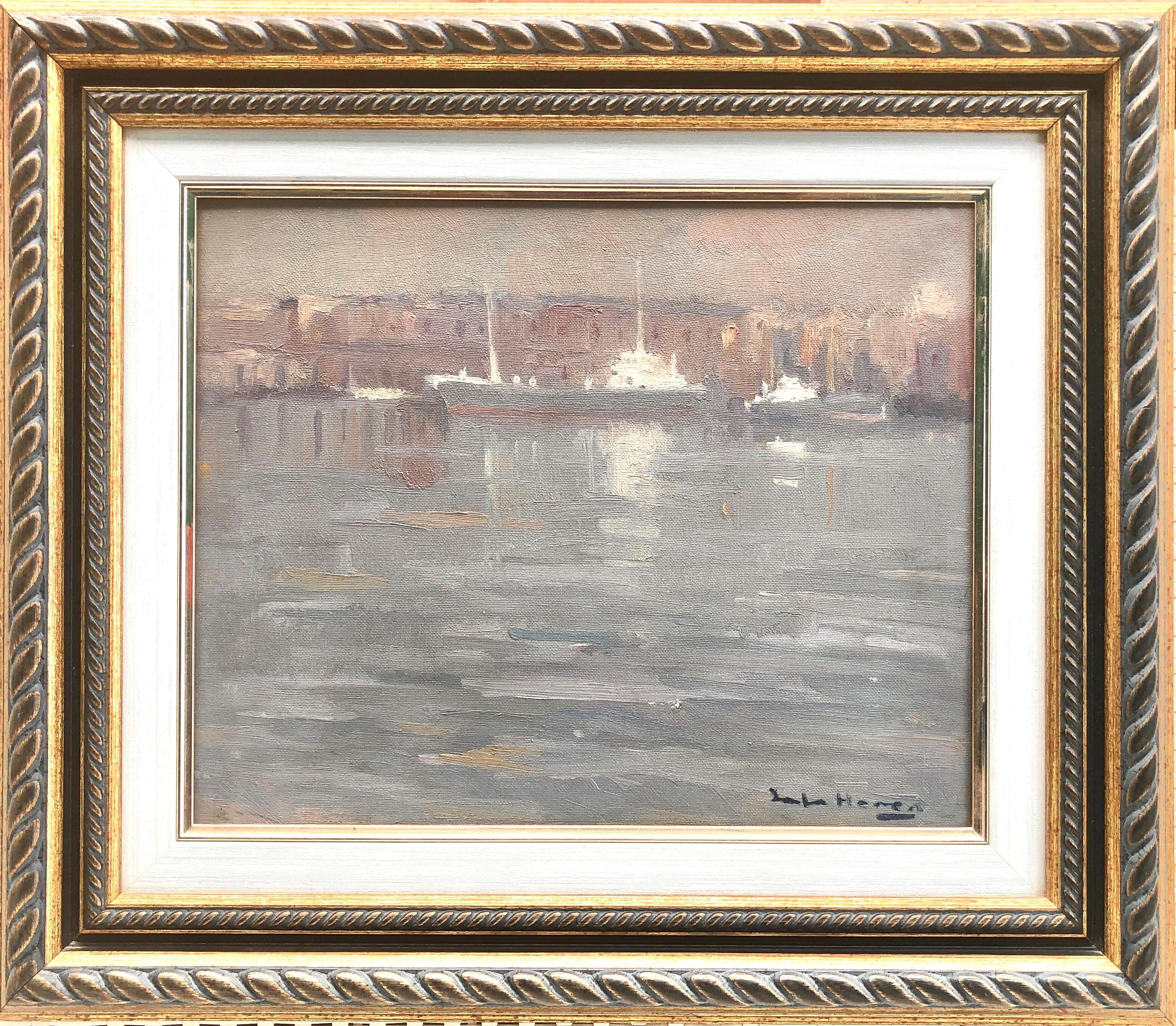 Gris jour port maritime de Barcelone Espagne huile sur toile peinture paysage marin - Painting de Antonio Sala Herrero