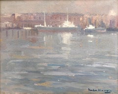Gray day seaport of Barcelona Spain oil on canvas painting seascape