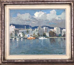 Mediterranean marina Spain oil on canvas painting