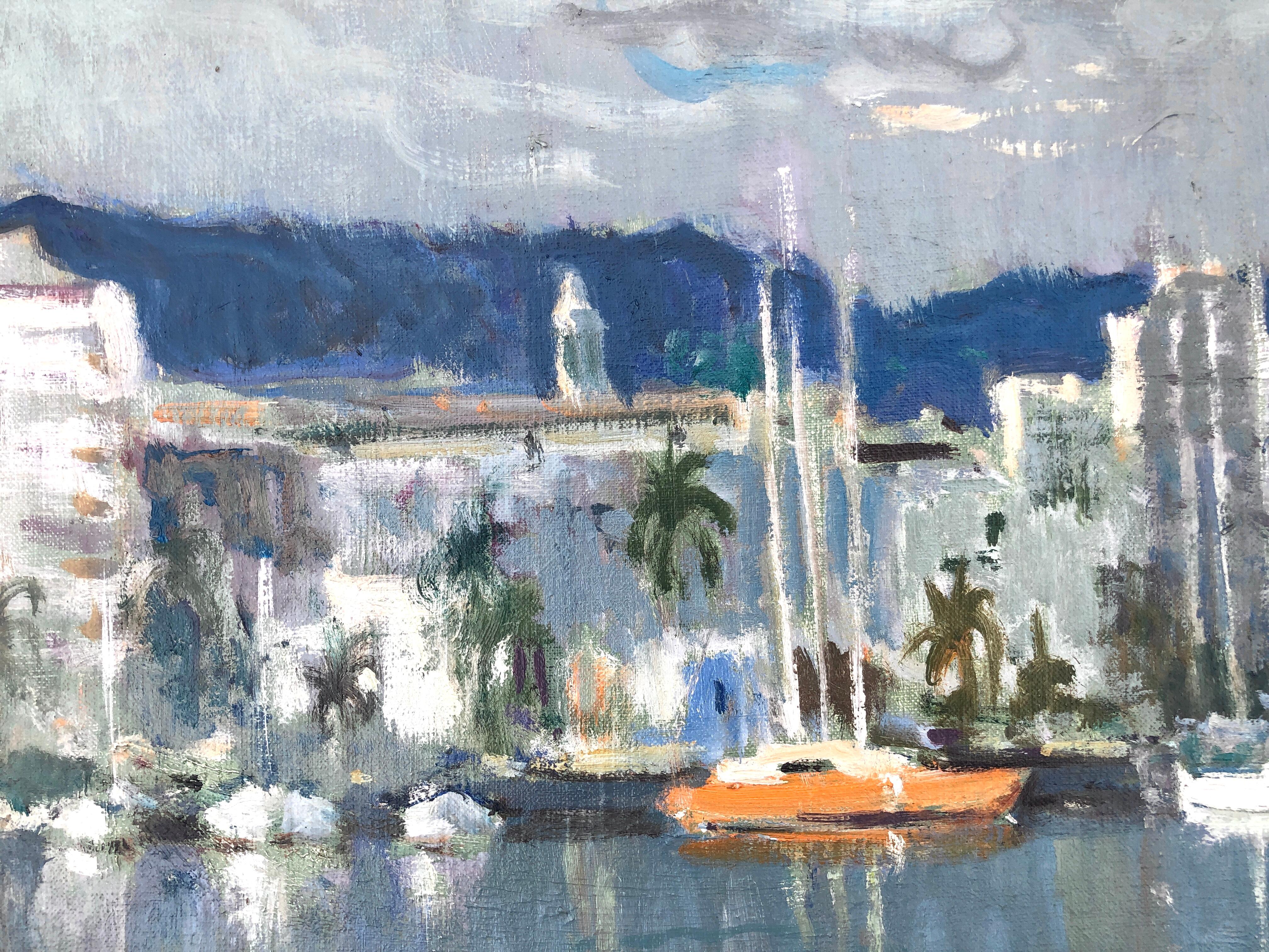 Peinture à l'huile sur toile Mediterranean marina, Espagne en vente 1