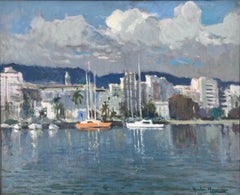Mediterranean marina Spain oil on canvas painting