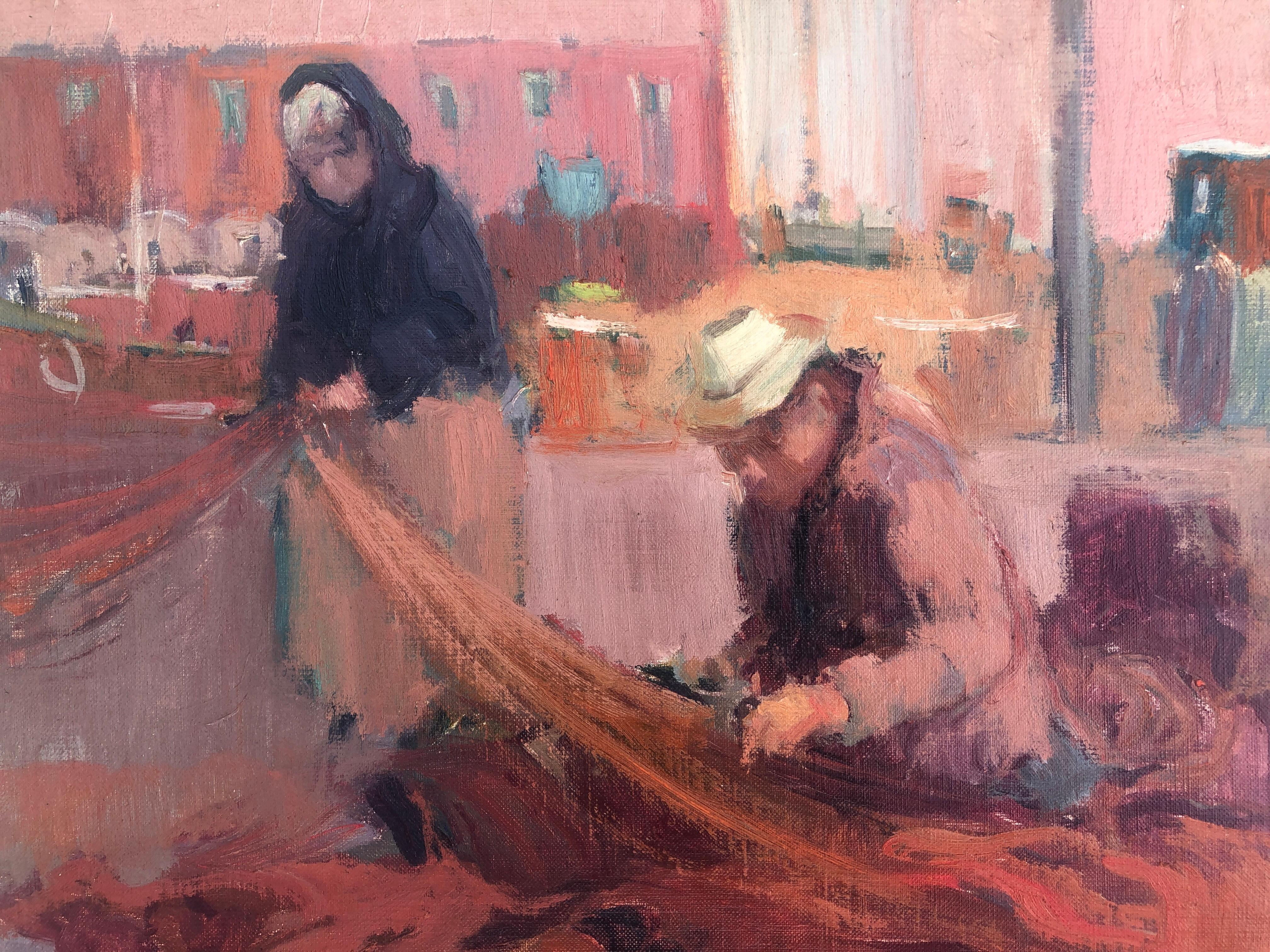 Mending the nets in Llafranc Spain oil on canvas painting - Post-Impressionist Painting by Antonio Sala Herrero