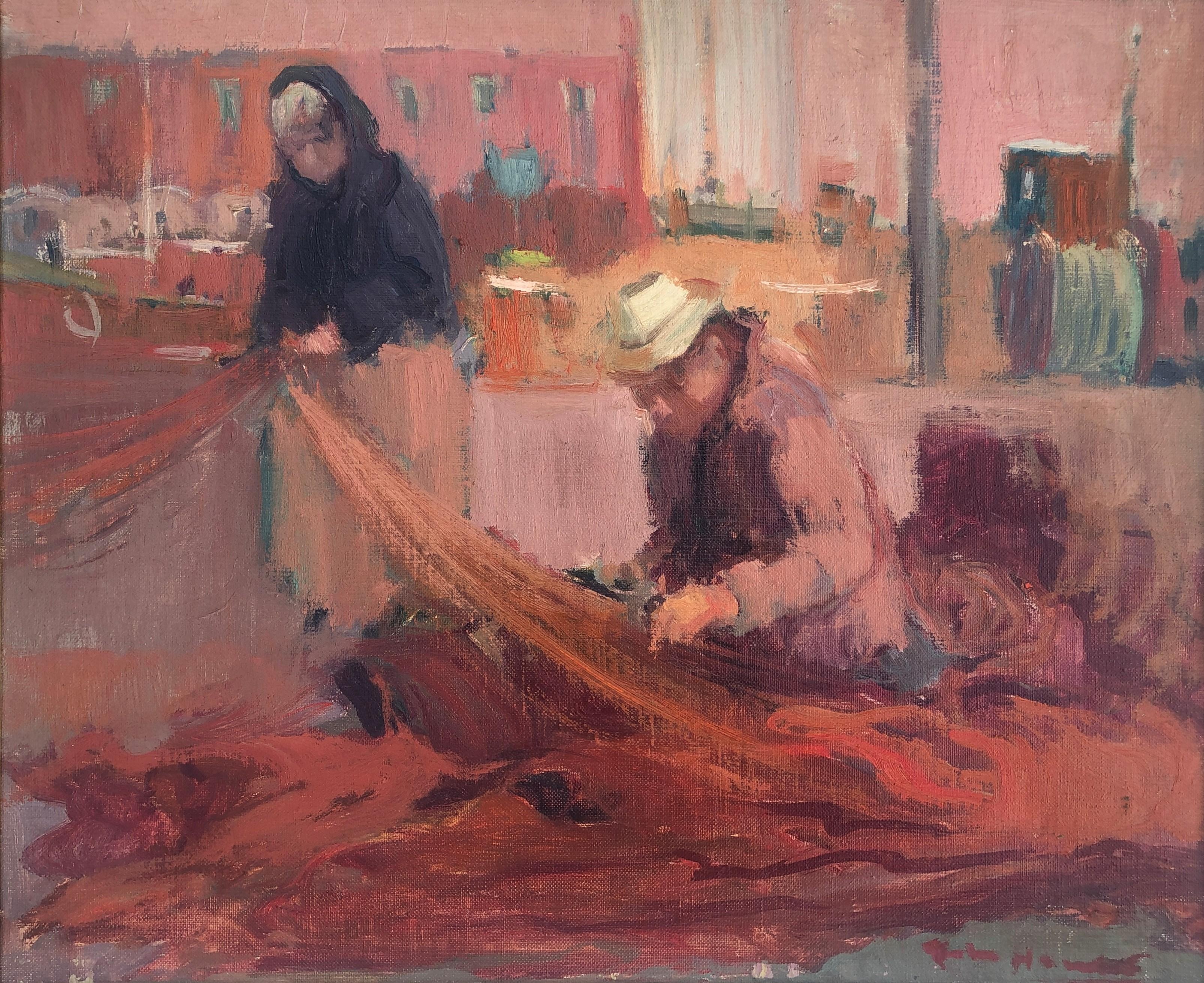 Mending the nets in Llafranc Spain oil on canvas painting