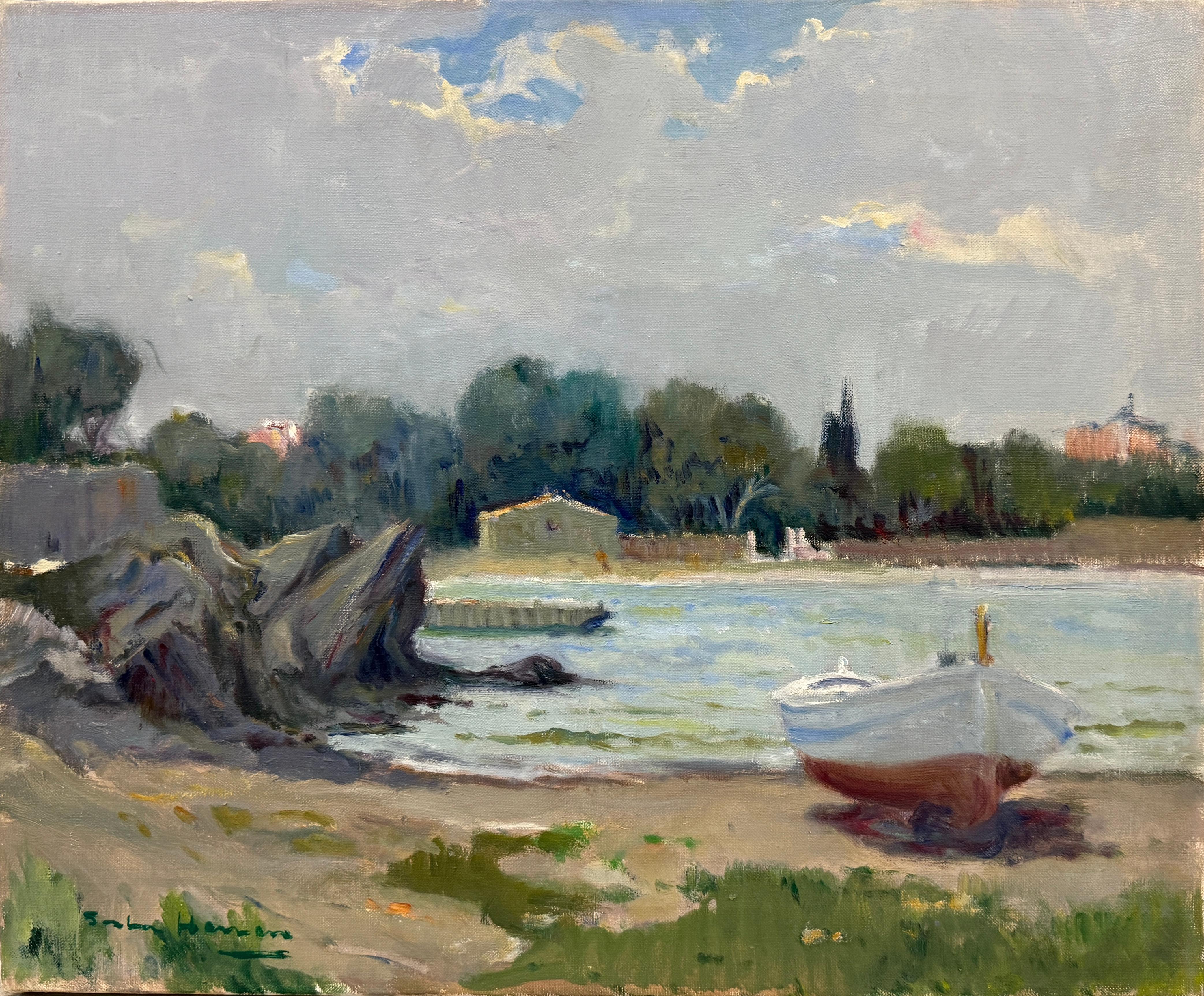 Antonio Sala Herrero Landscape Painting - Quiet Mediterranean Cove with Boat Cadaqués Coastal Oil Painting Spanish Art