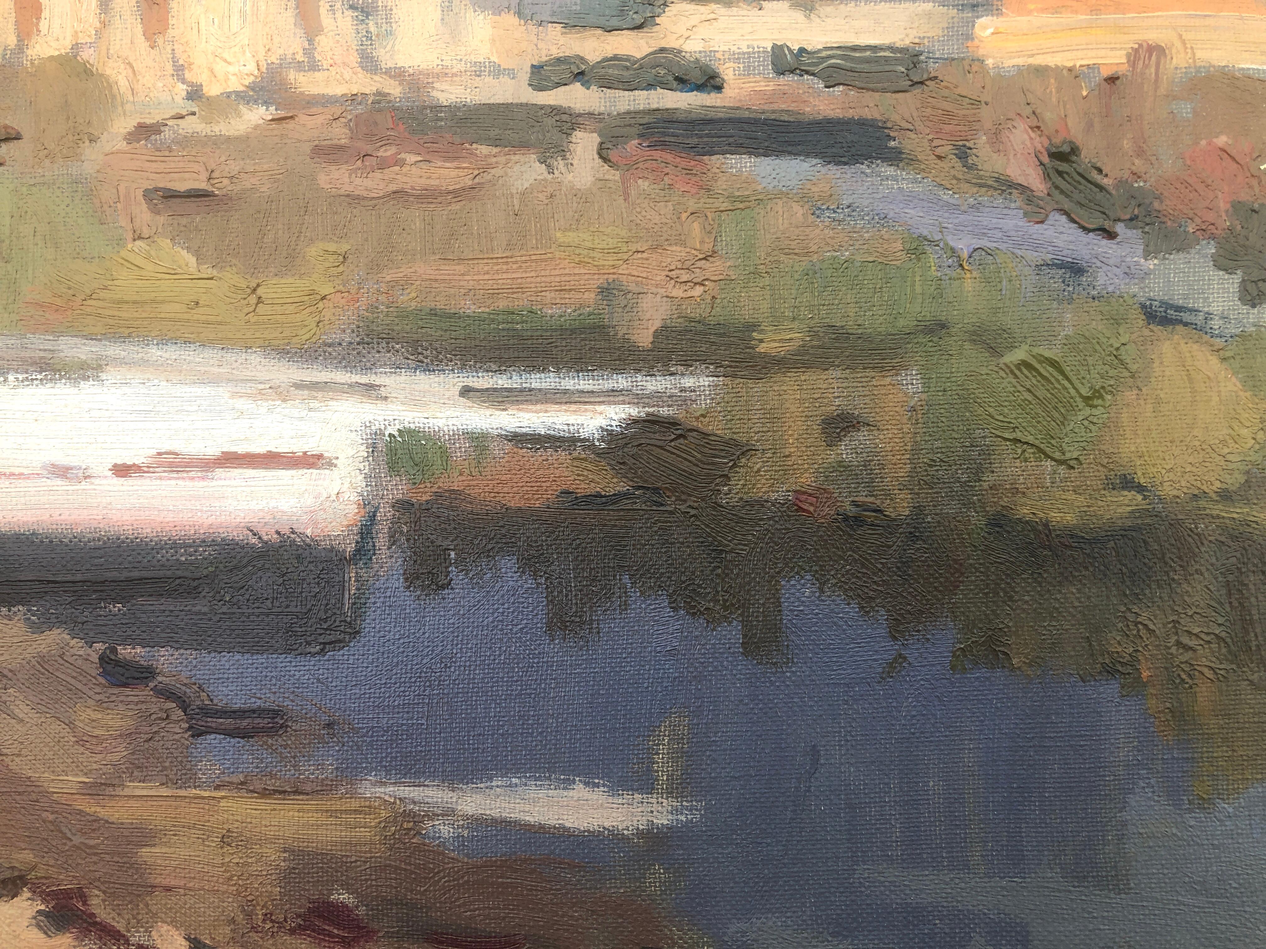 Sant Carles de la Rapita Espagne huile sur toile peinture paysage marin - Gris Landscape Painting par Antonio Sala Herrero