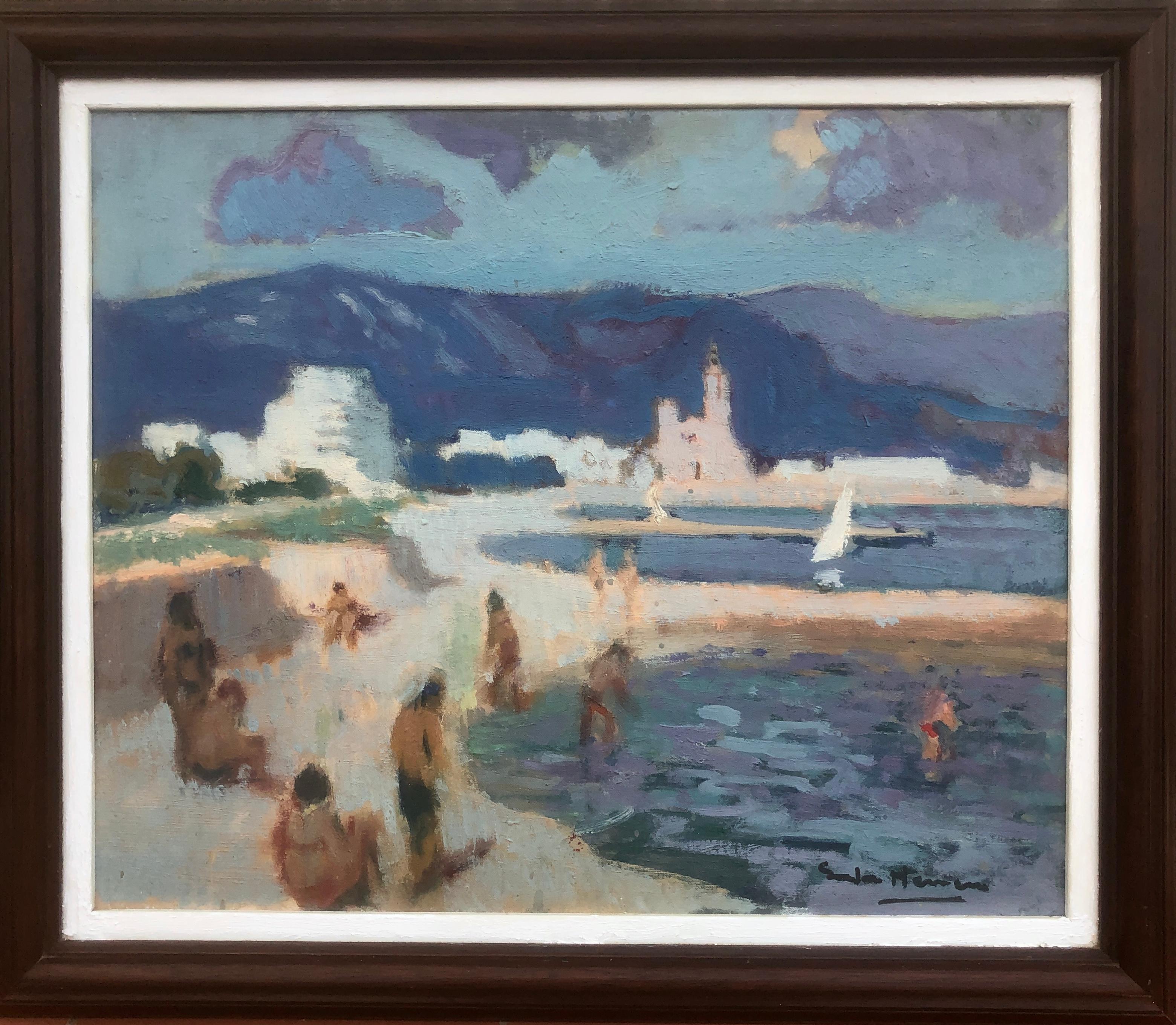Sitges beach's day Spain oil on canvas painting spanish seascape - Painting by Antonio Sala Herrero