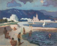 Sitges beach's day Spain oil on canvas painting spanish seascape