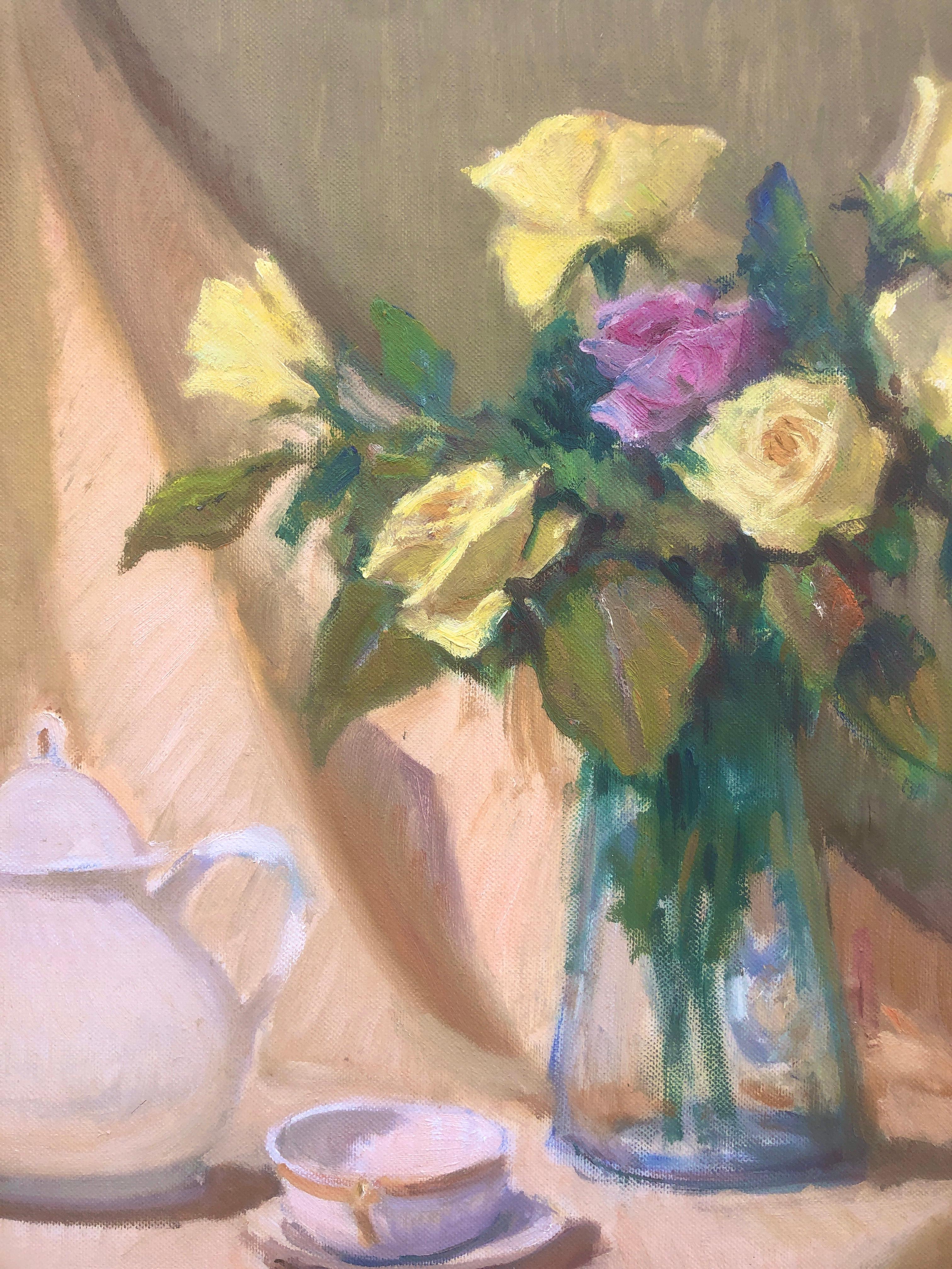 still life with flowers and teapot oil on canvas painting For Sale 2