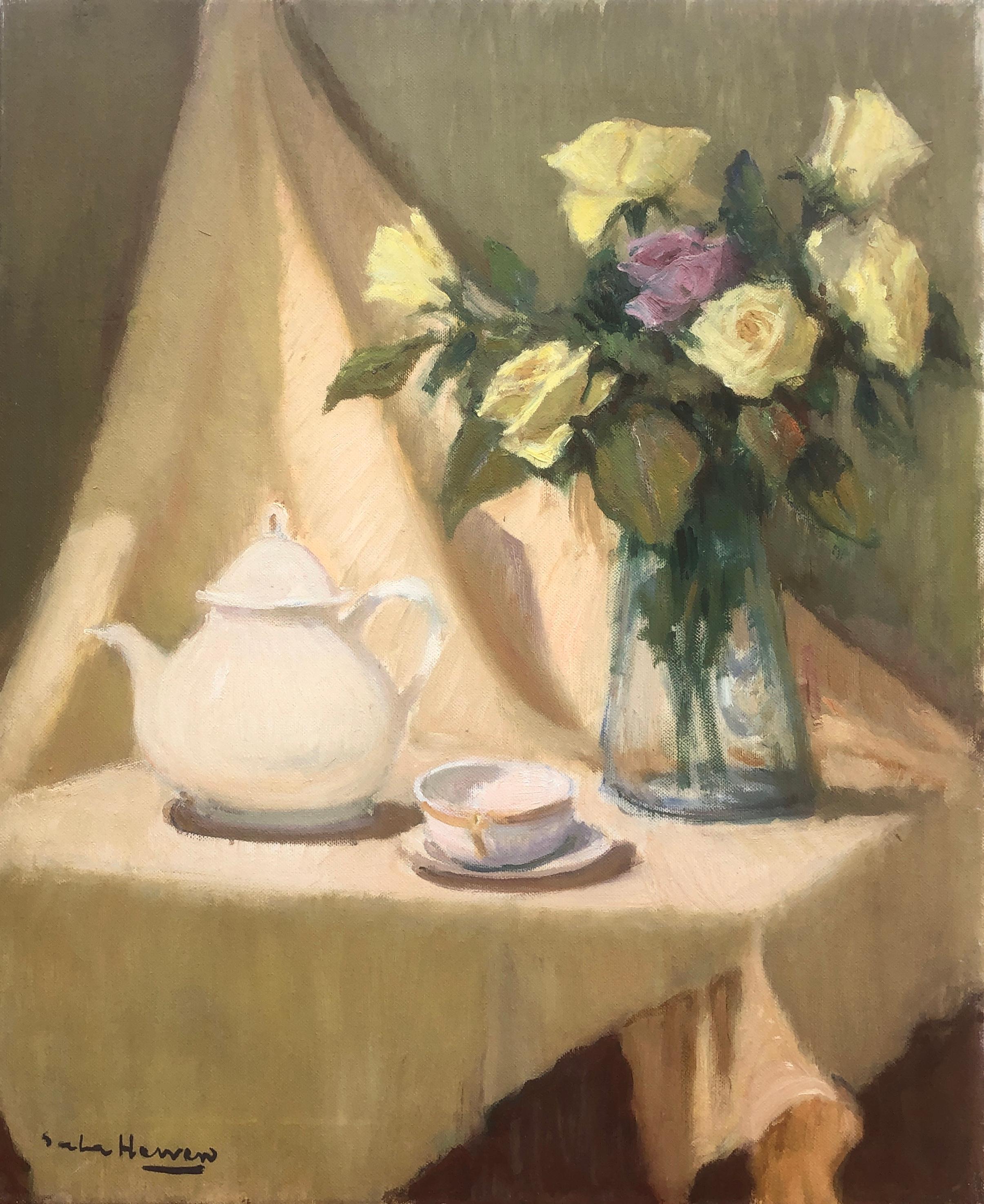 still life with flowers and teapot oil on canvas painting
