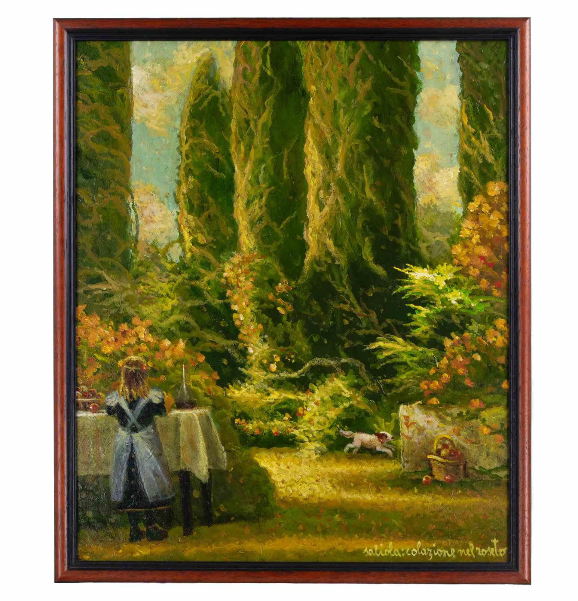 Colazione nel Roseto - Peinture à l'huile d'Antonio Saliola- 2006 en vente 2