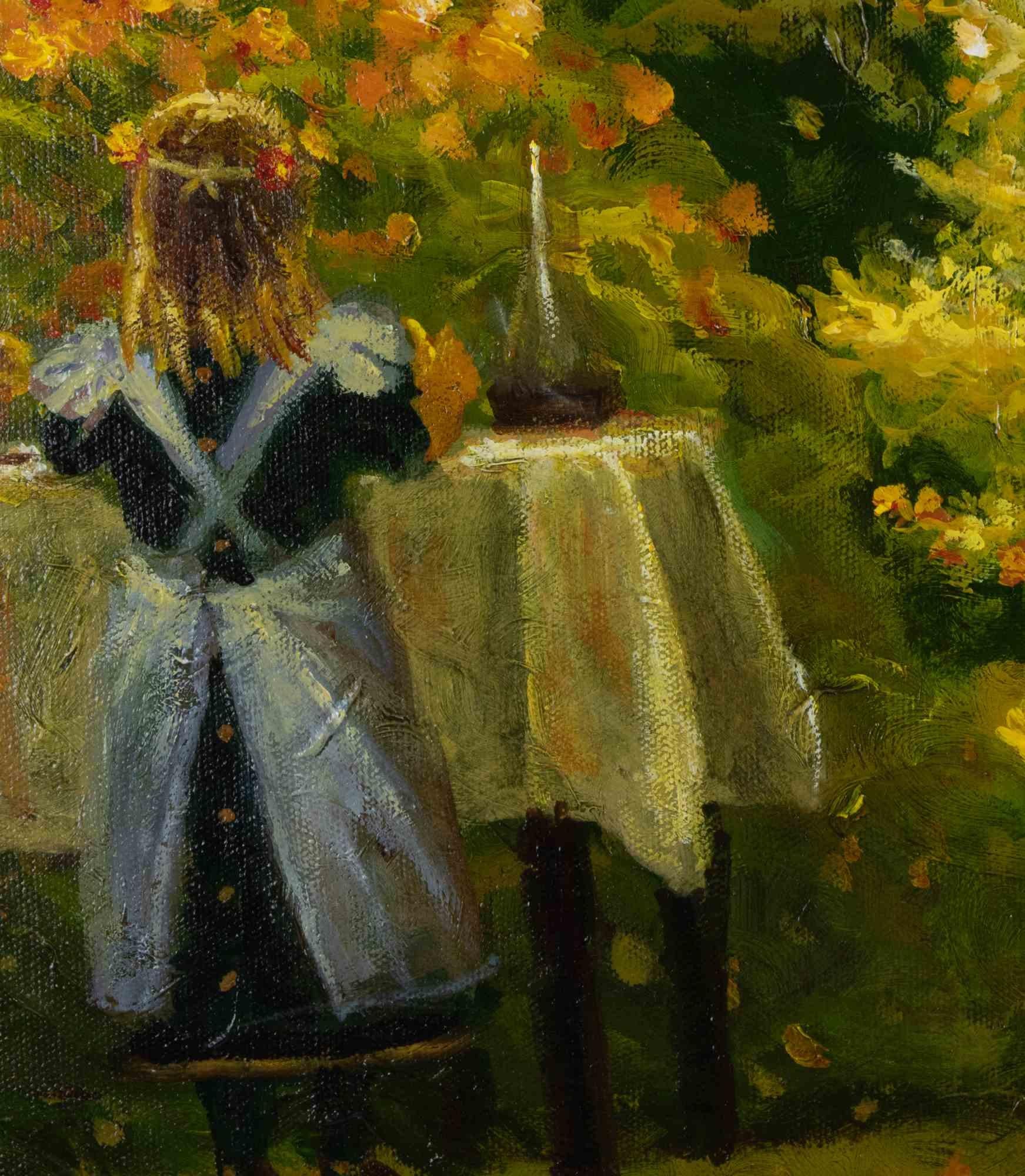 Colazione nel Roseto - Peinture à l'huile d'Antonio Saliola- 2006 en vente 3