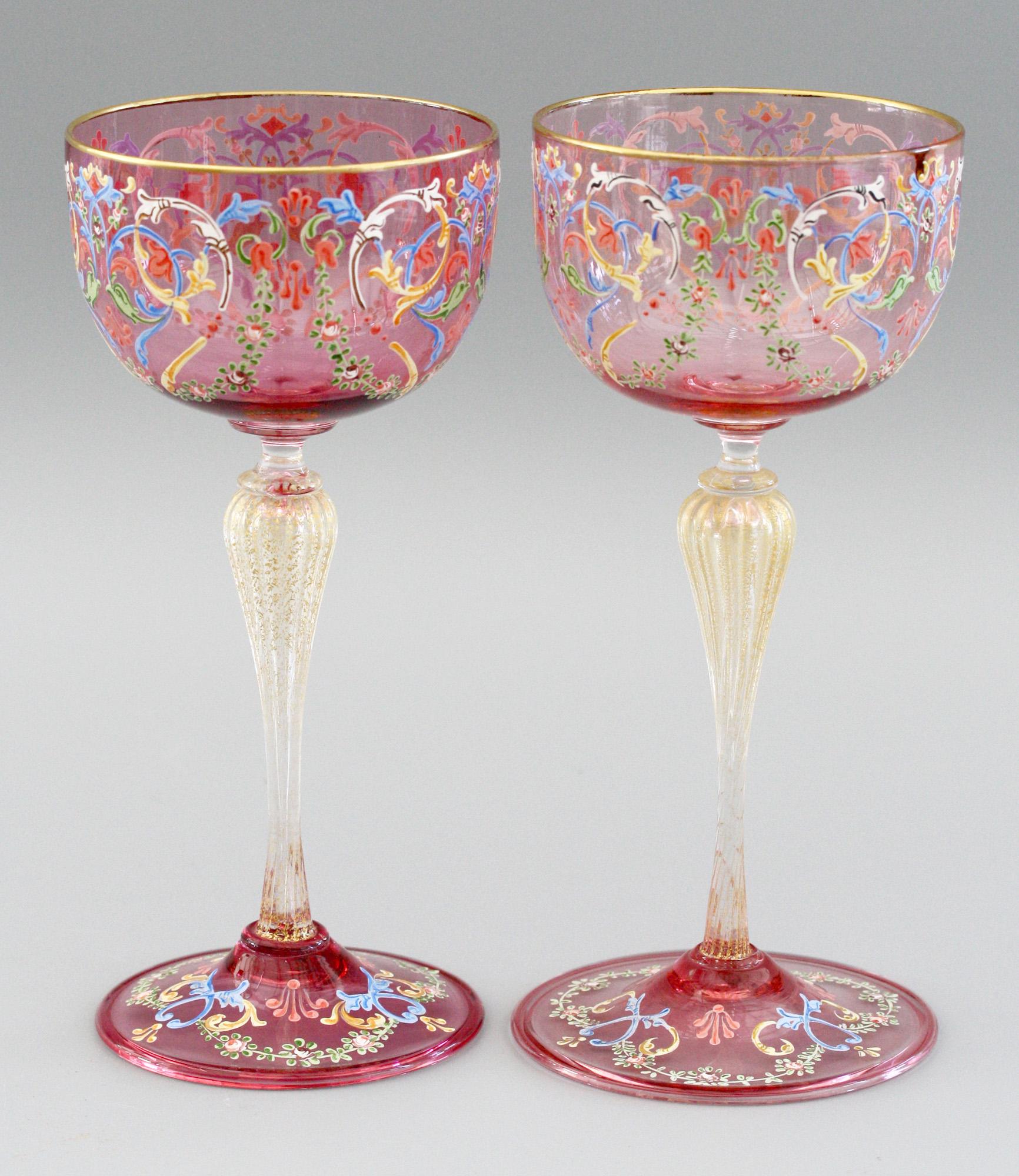 Antonio Salviati Pair of Italian Murano Moser Enameled Wine Glasses 1