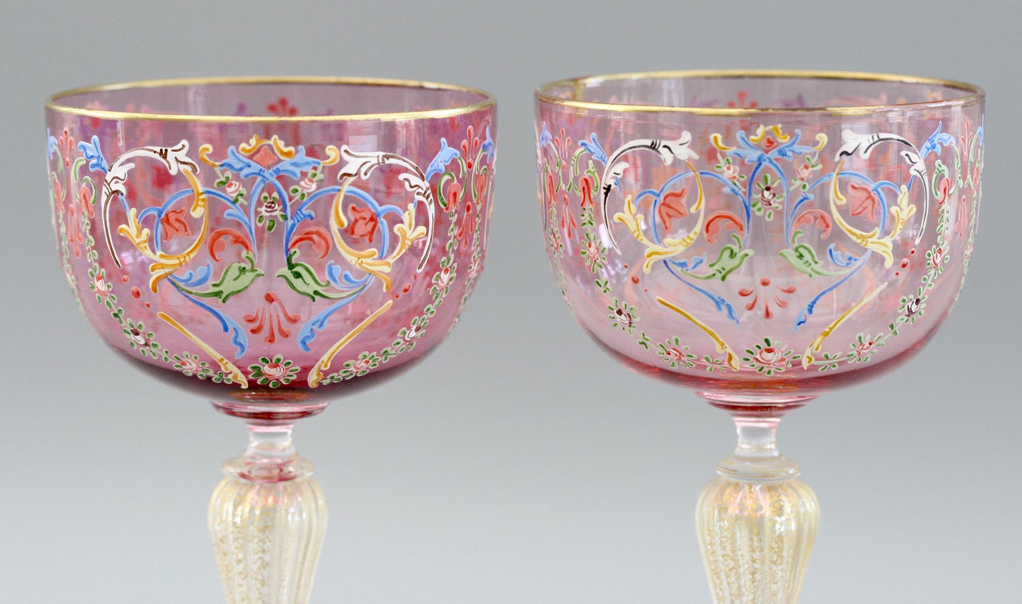 Antonio Salviati Pair of Italian Murano Moser Enameled Wine Glasses 2