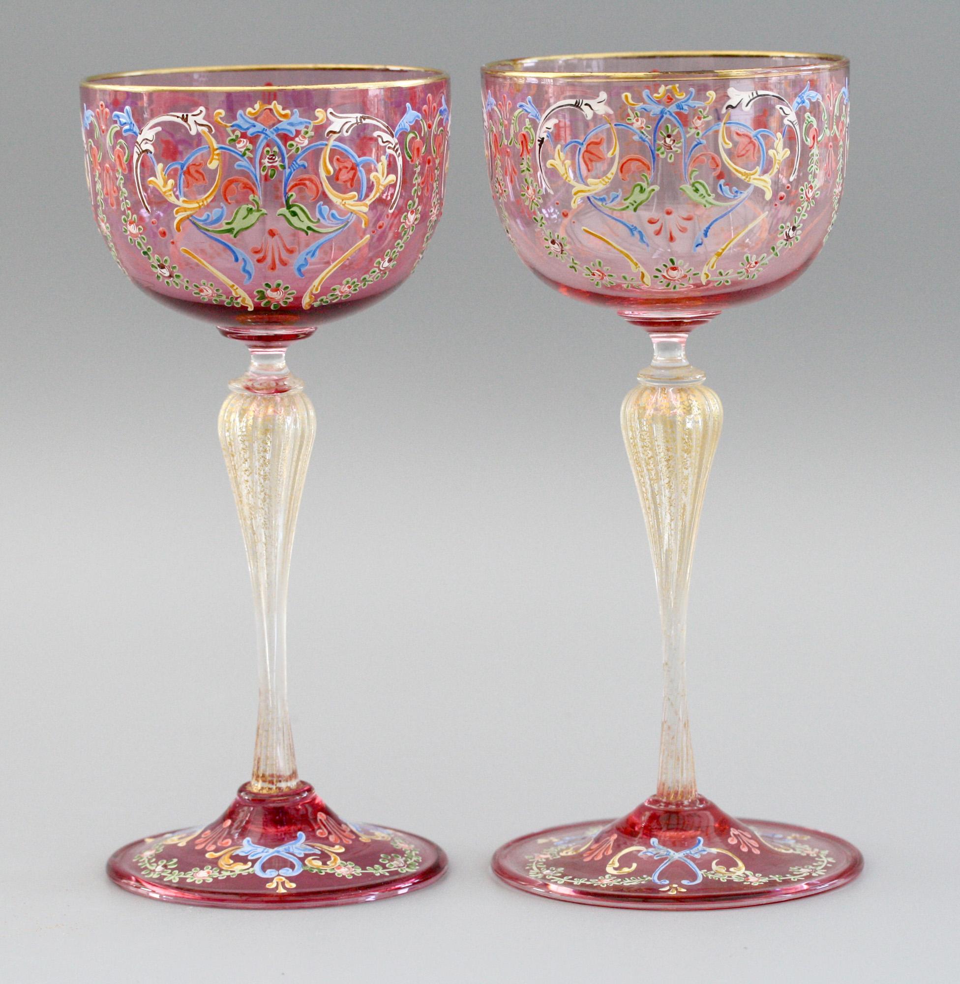 Antonio Salviati Pair of Italian Murano Moser Enameled Wine Glasses 3