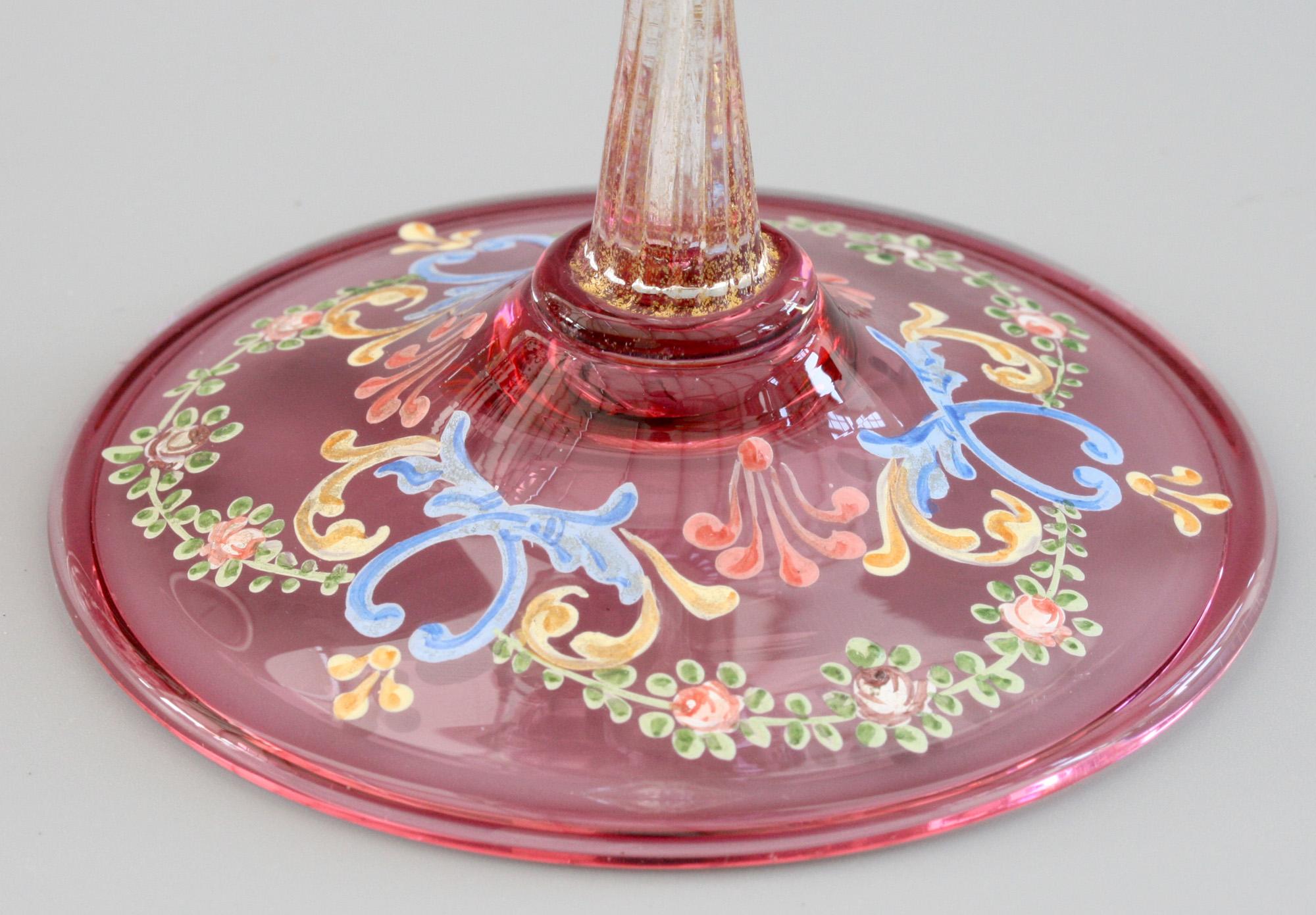 Antonio Salviati Pair of Italian Murano Moser Enameled Wine Glasses 6