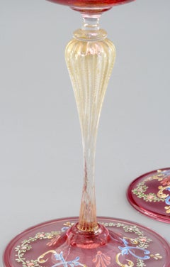 Antonio Salviati Pair of Italian Murano Moser Enameled Wine Glasses