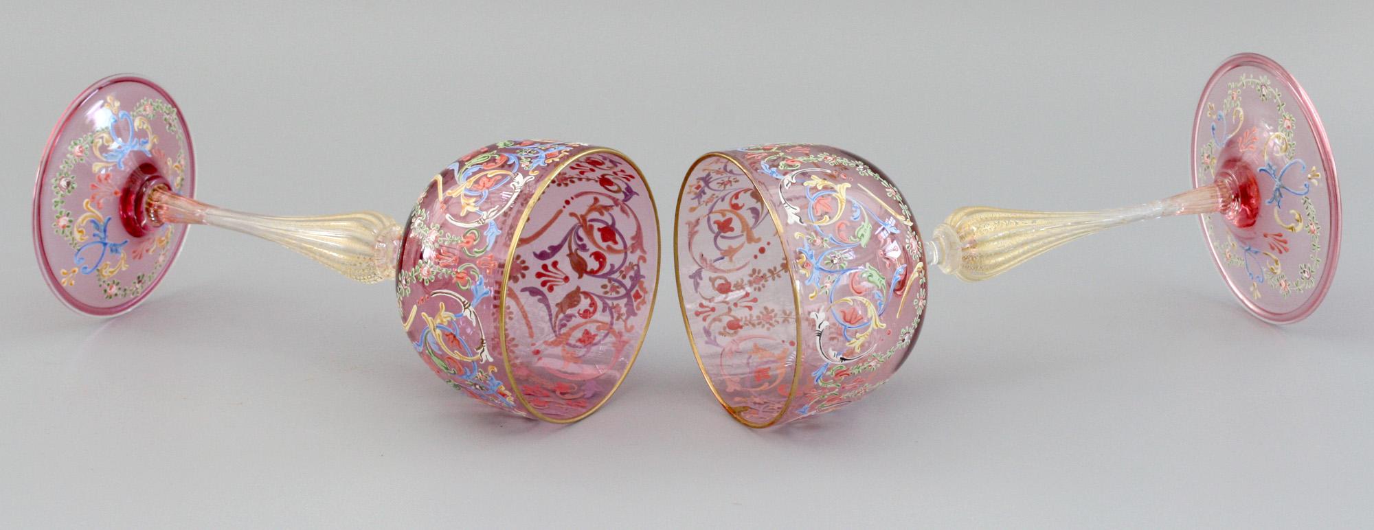 Revival Antonio Salviati Pair of Italian Murano Moser Enameled Wine Glasses