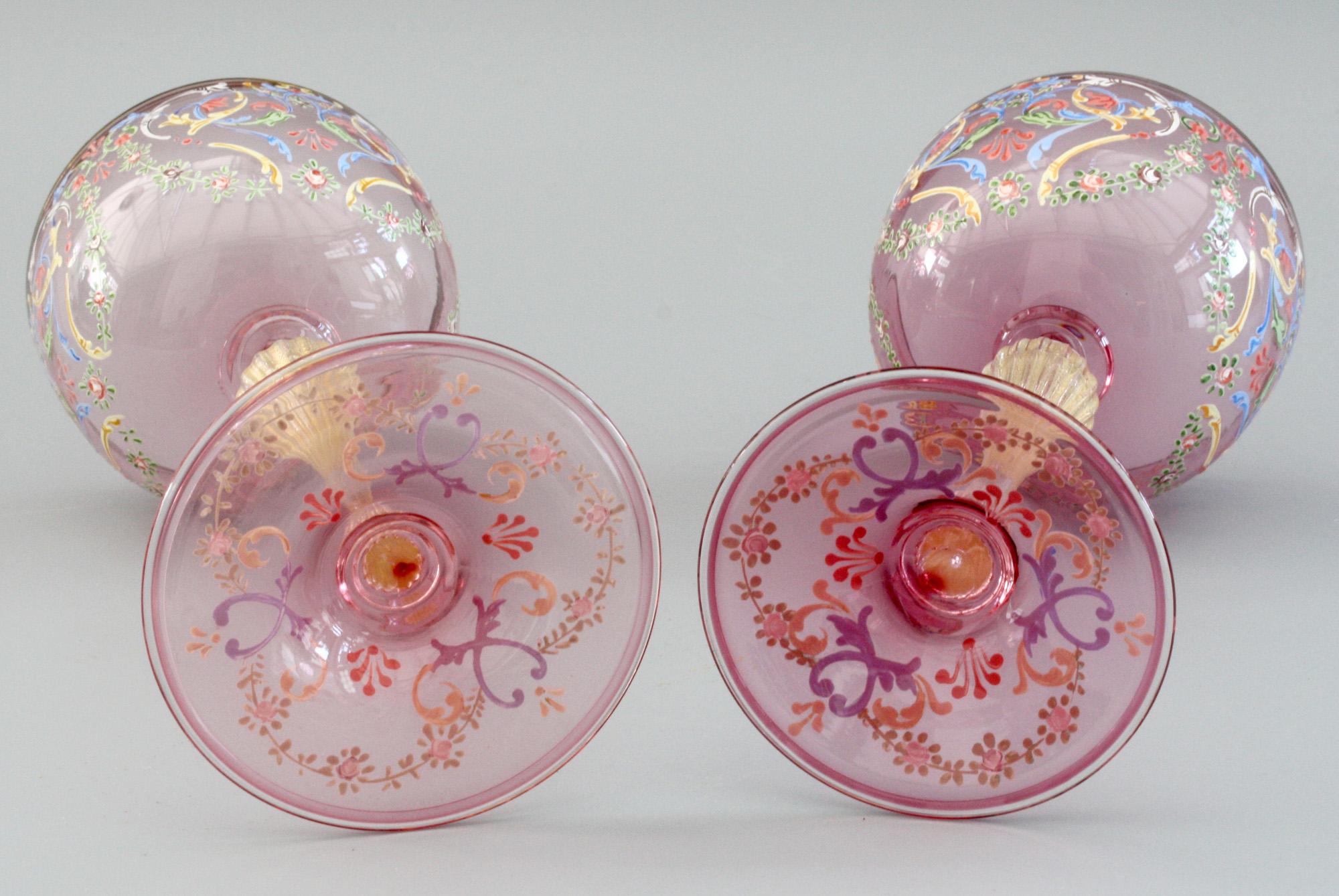 Early 20th Century Antonio Salviati Pair of Italian Murano Moser Enameled Wine Glasses