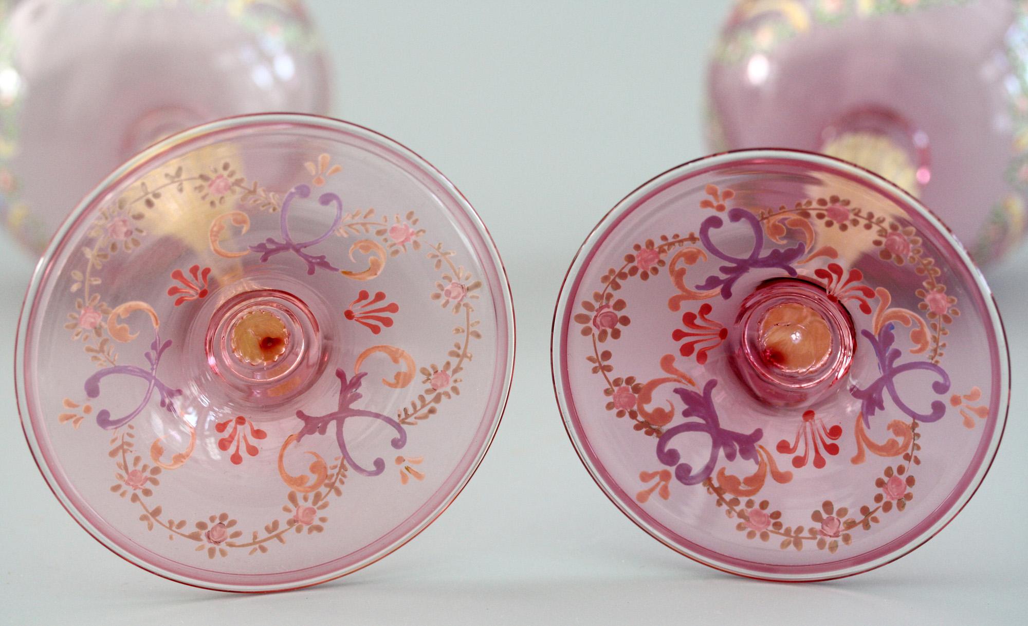 Blown Glass Antonio Salviati Pair of Italian Murano Moser Enameled Wine Glasses