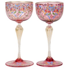 Antonio Salviati Pair of Italian Murano Moser Enameled Wine Glasses