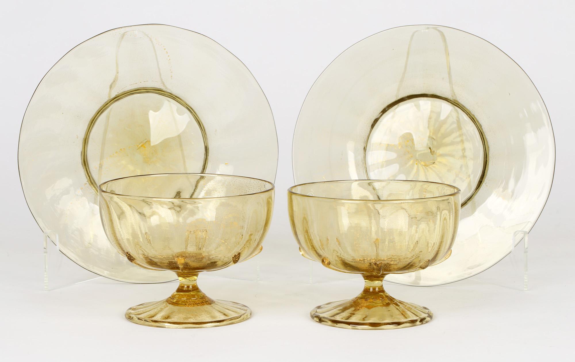 Blown Glass Antonio Salviati Pair Venetian Revival Art Glass Dessert Bowls and Stands For Sale