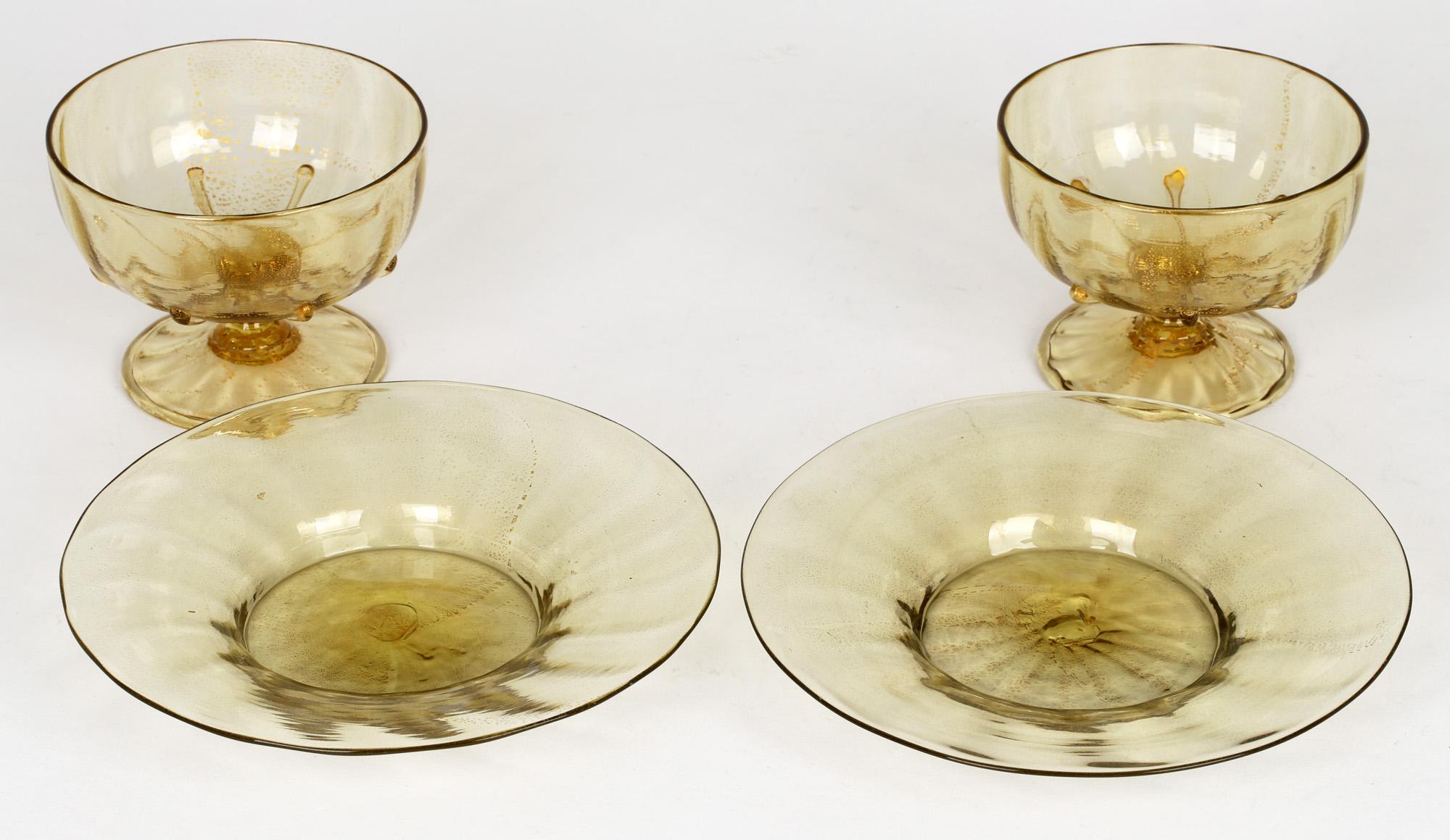 Antonio Salviati Pair Venetian Revival Art Glass Dessert Bowls and Stands For Sale 3