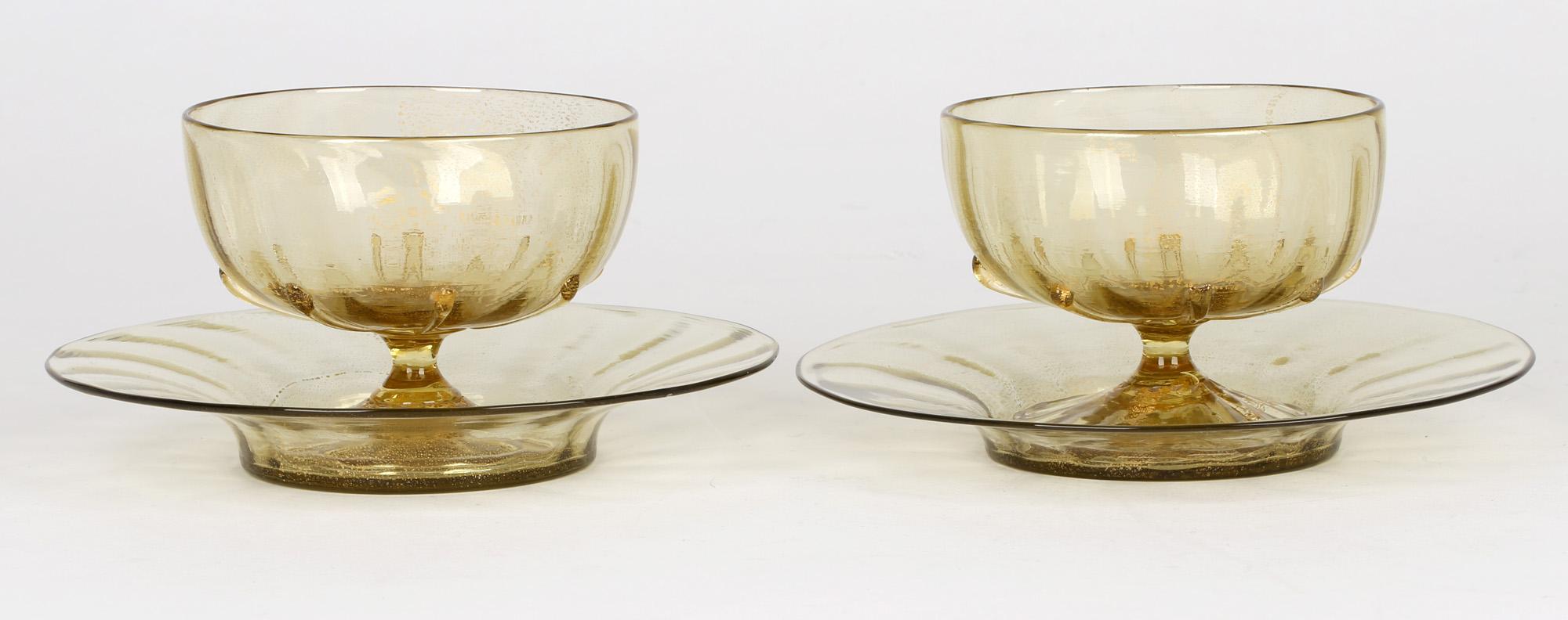 Antonio Salviati Pair Venetian Revival Art Glass Dessert Bowls and Stands For Sale 5