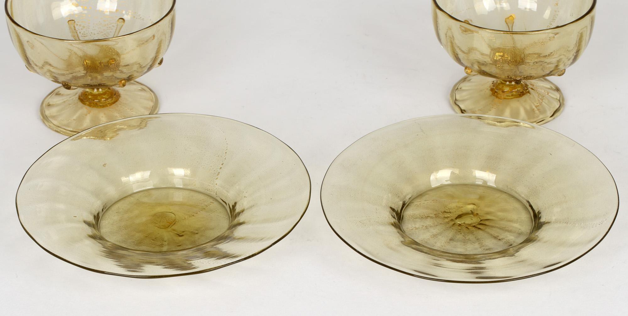 Italian Antonio Salviati Pair Venetian Revival Art Glass Dessert Bowls and Stands For Sale