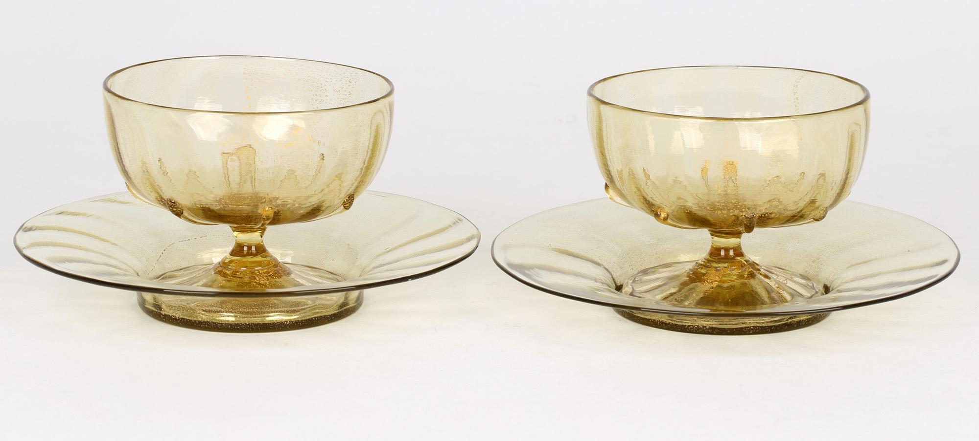 20th Century Antonio Salviati Pair Venetian Revival Art Glass Dessert Bowls and Stands For Sale