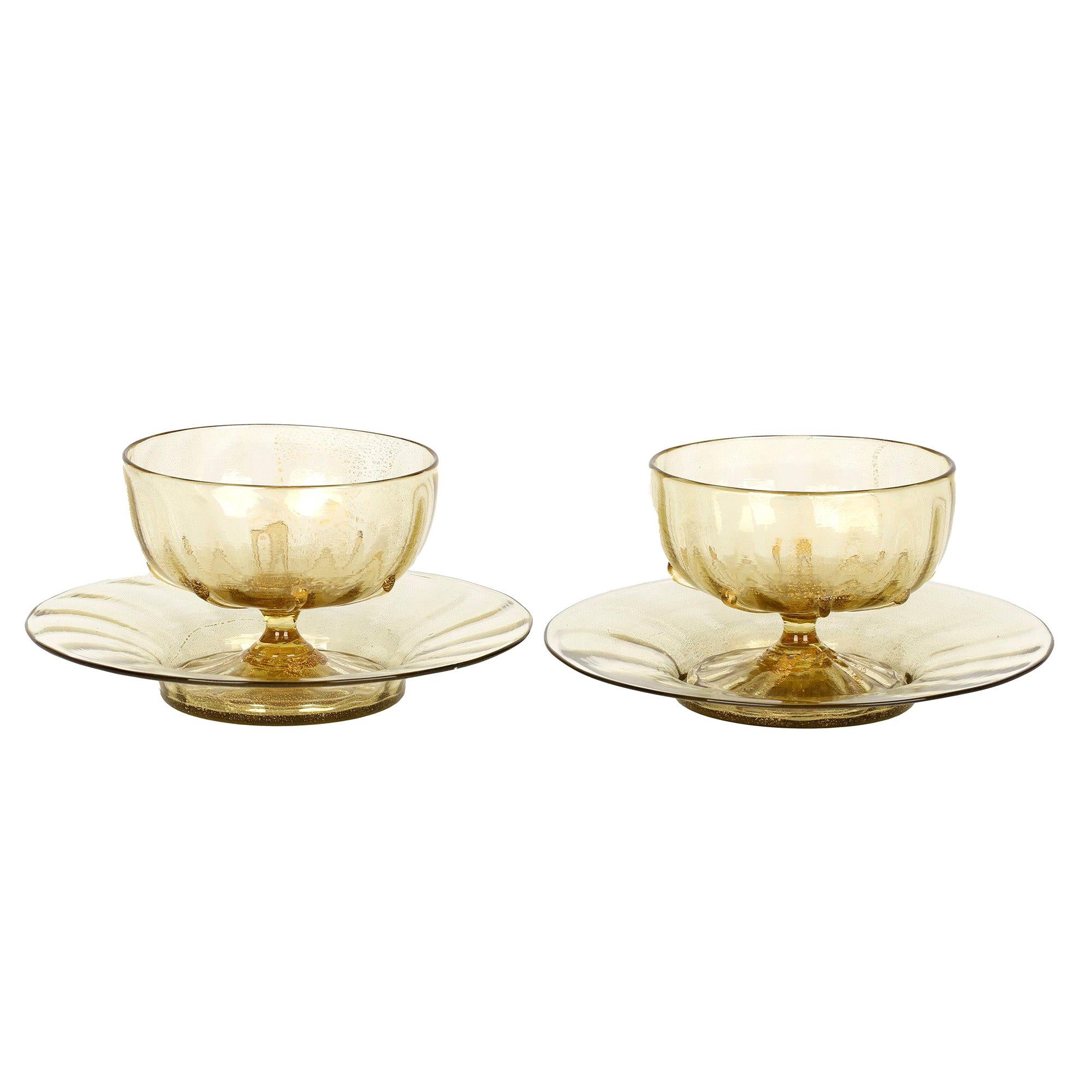 Antonio Salviati Pair Venetian Revival Art Glass Dessert Bowls and Stands