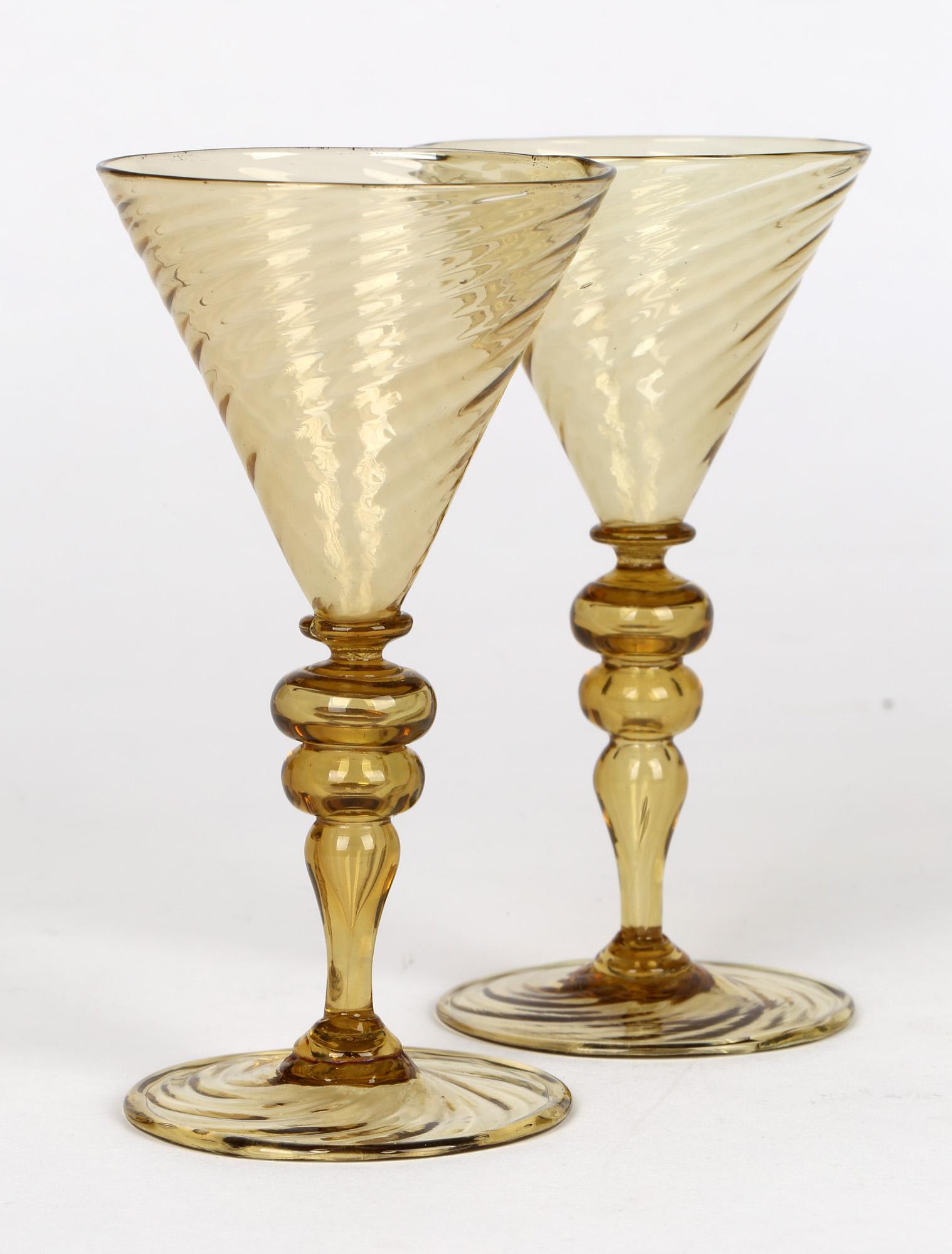 Blown Glass Antonio Salviati Pair Venetian Revival Yellow Glass Spiral Twist Wine Glasses
