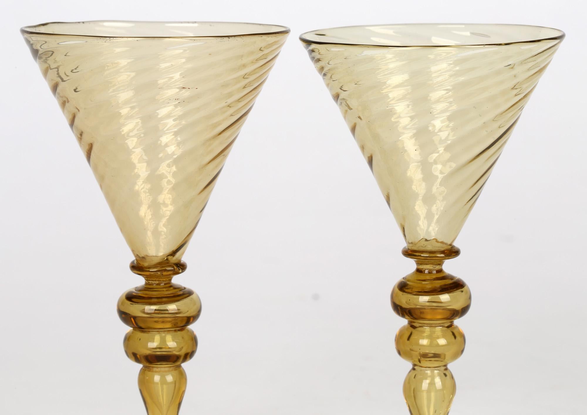 Antonio Salviati Pair Venetian Revival Yellow Glass Spiral Twist Wine Glasses 1