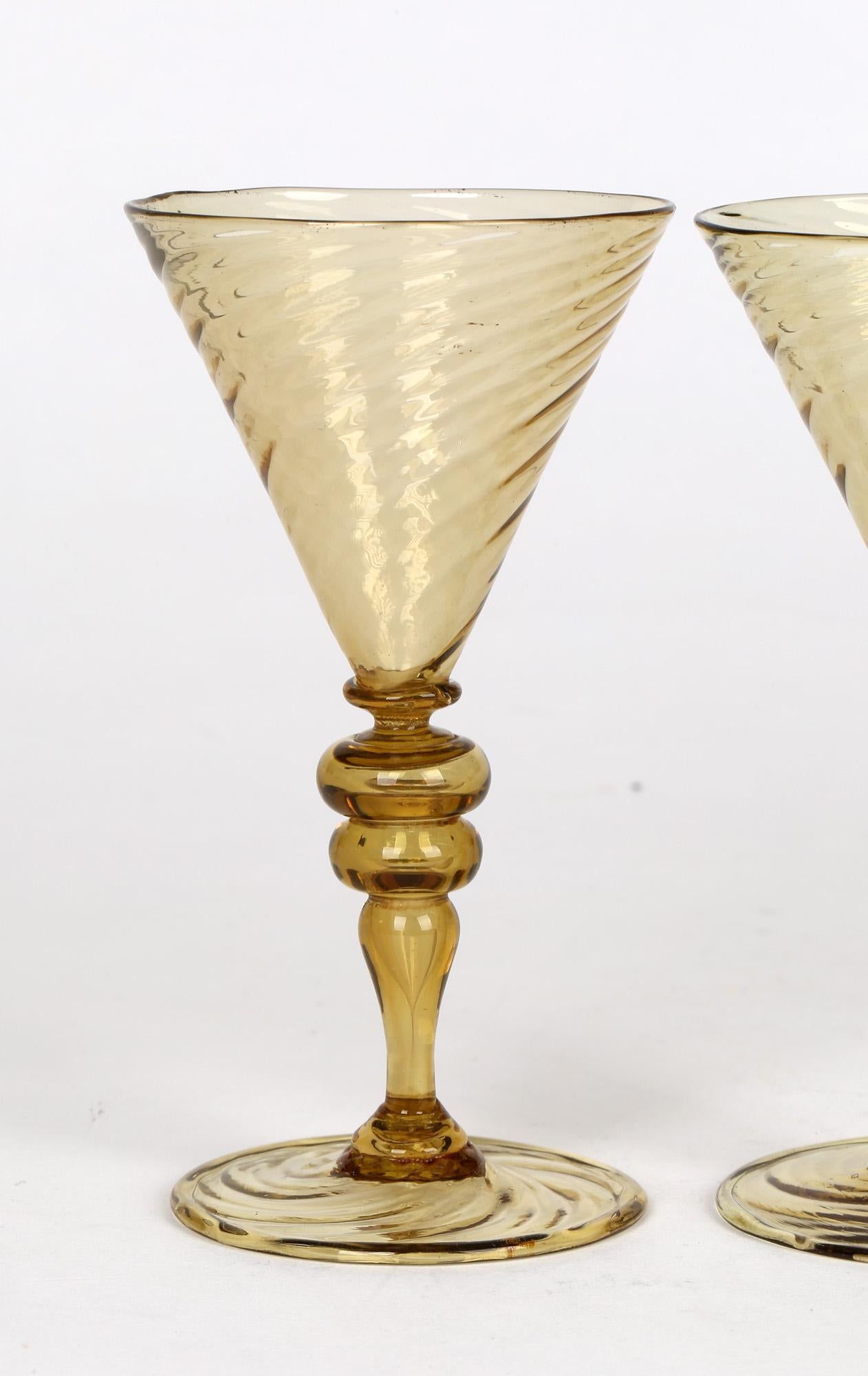 Antonio Salviati Pair Venetian Revival Yellow Glass Spiral Twist Wine Glasses 2