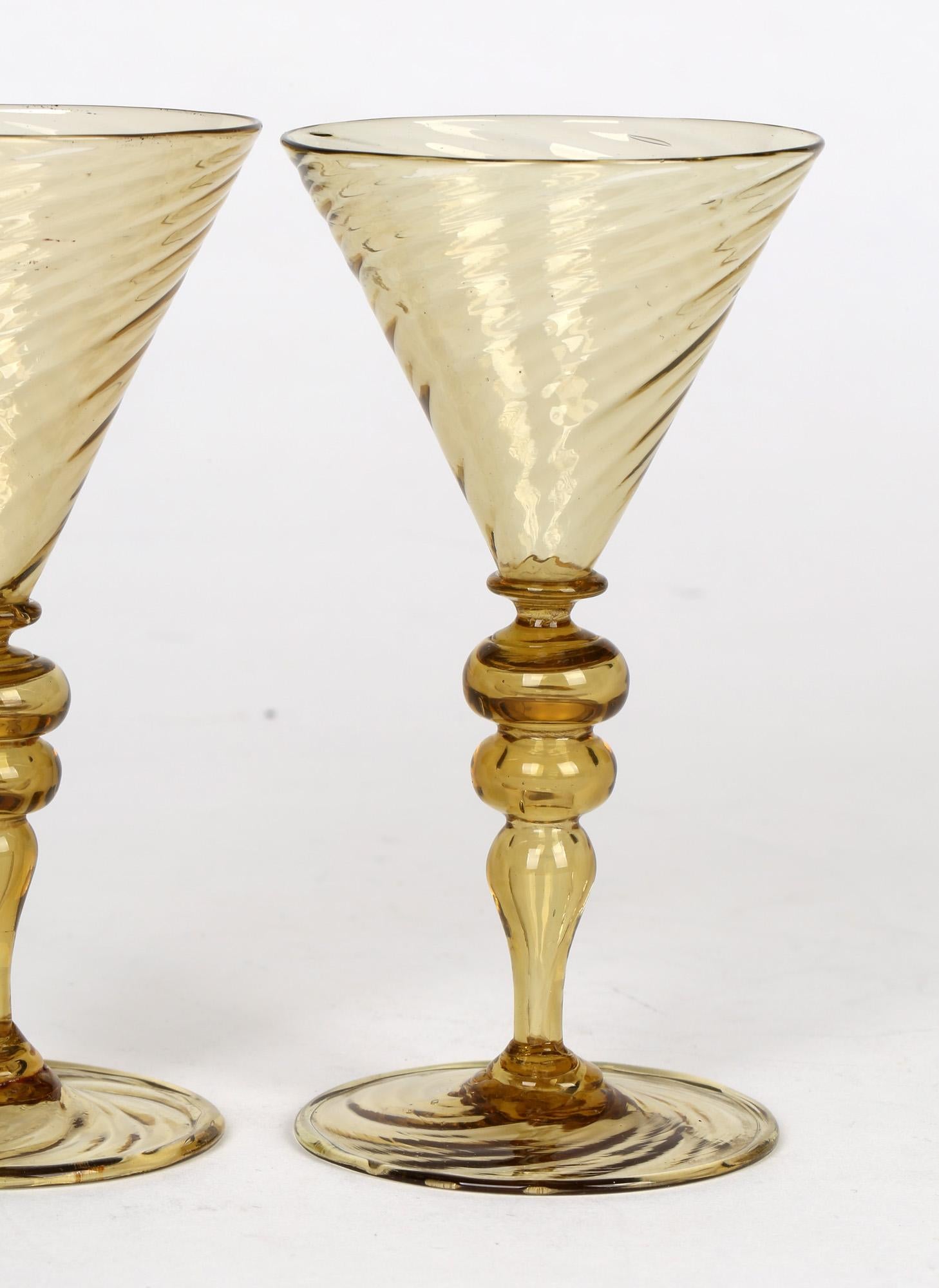 Antonio Salviati Pair Venetian Revival Yellow Glass Spiral Twist Wine Glasses 3