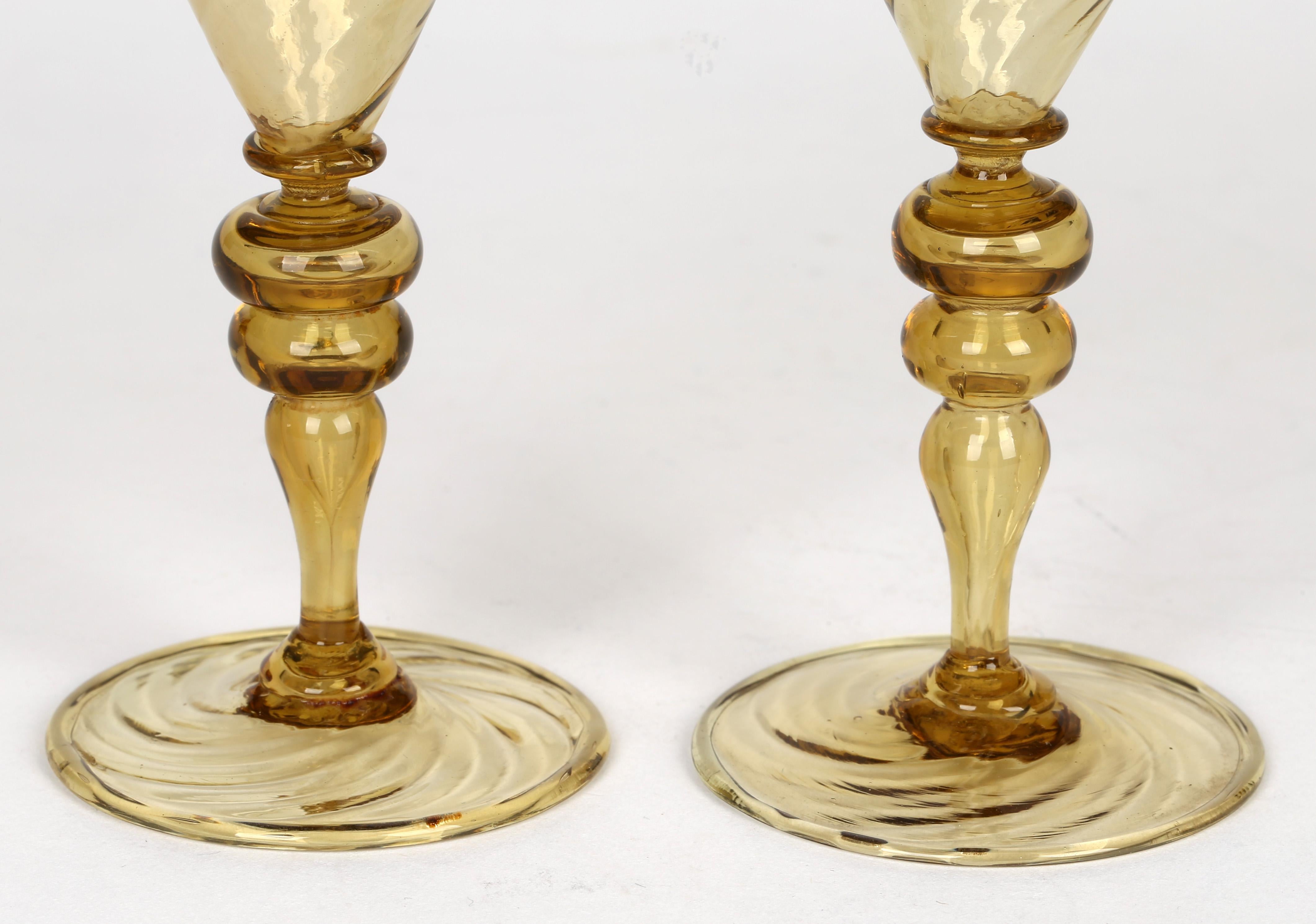 Antonio Salviati Pair Venetian Revival Yellow Glass Spiral Twist Wine Glasses 4