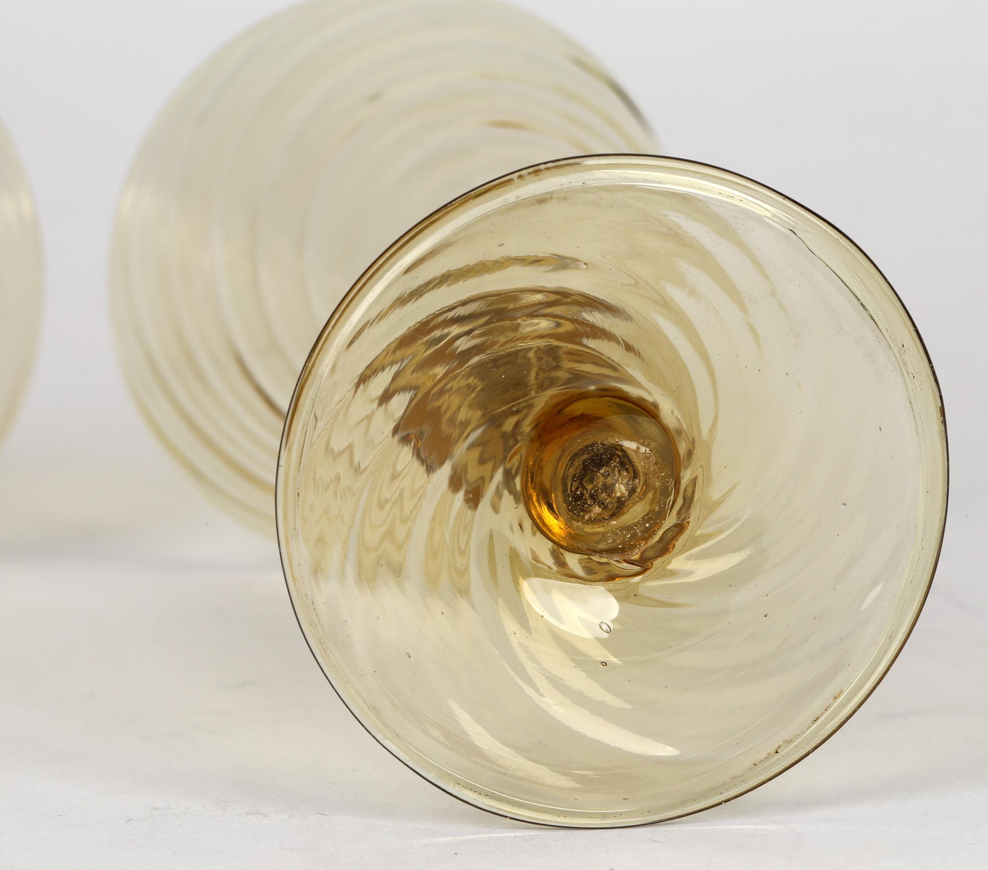 Italian Antonio Salviati Pair Venetian Revival Yellow Glass Spiral Twist Wine Glasses