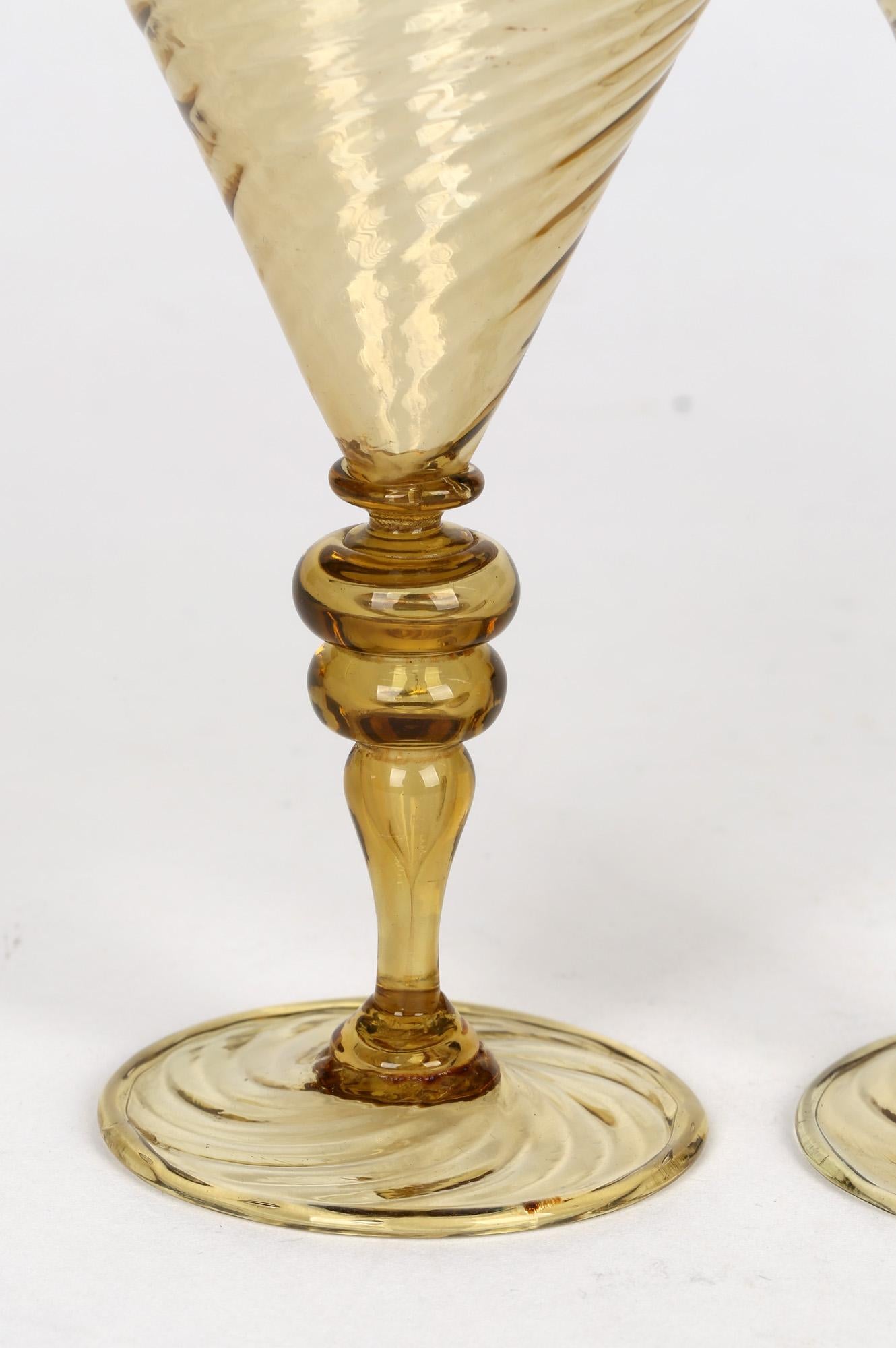 Hand-Crafted Antonio Salviati Pair Venetian Revival Yellow Glass Spiral Twist Wine Glasses