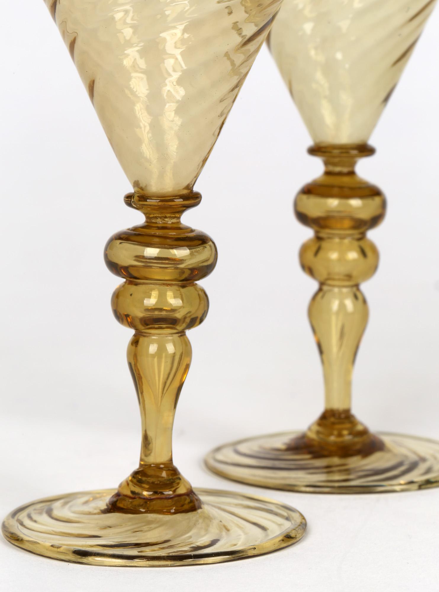 Early 20th Century Antonio Salviati Pair Venetian Revival Yellow Glass Spiral Twist Wine Glasses