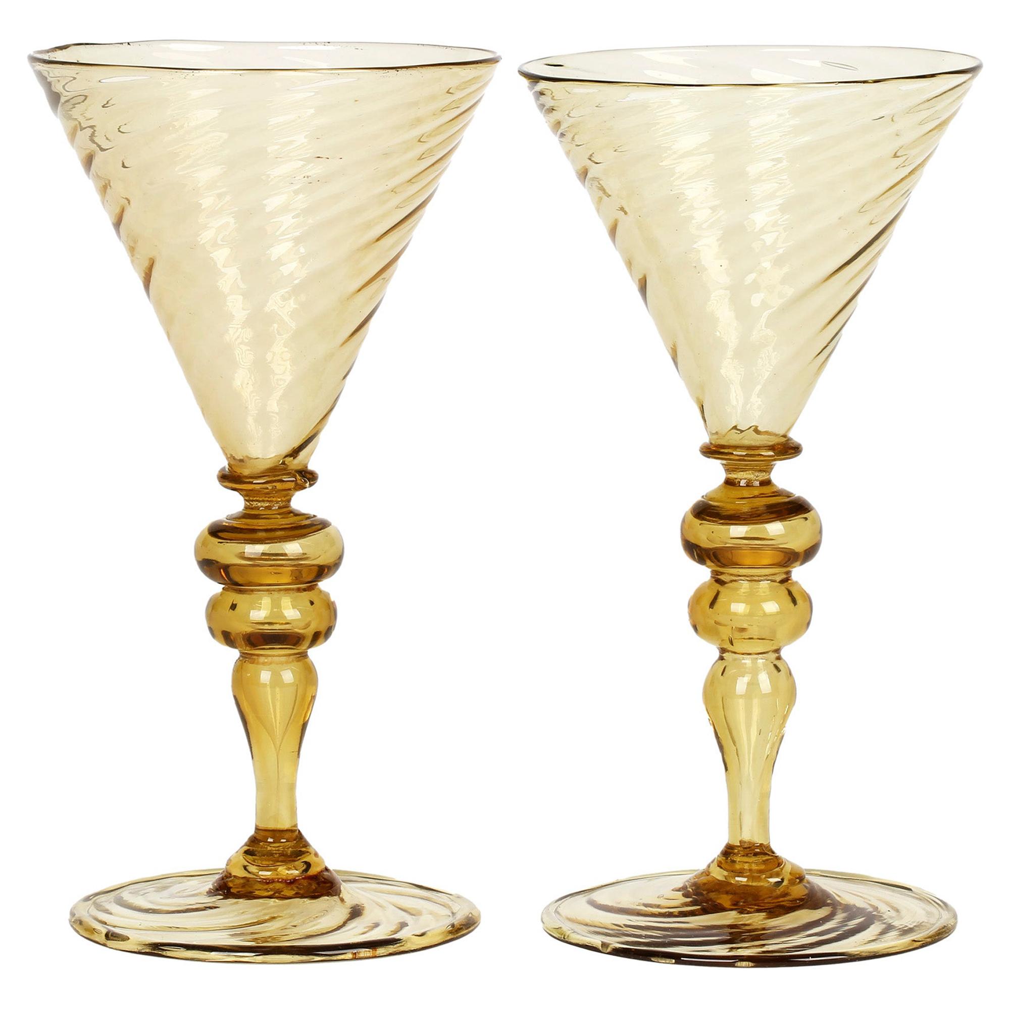 Antonio Salviati Pair Venetian Revival Yellow Glass Spiral Twist Wine Glasses