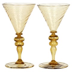 Antique Antonio Salviati Pair Venetian Revival Yellow Glass Spiral Twist Wine Glasses